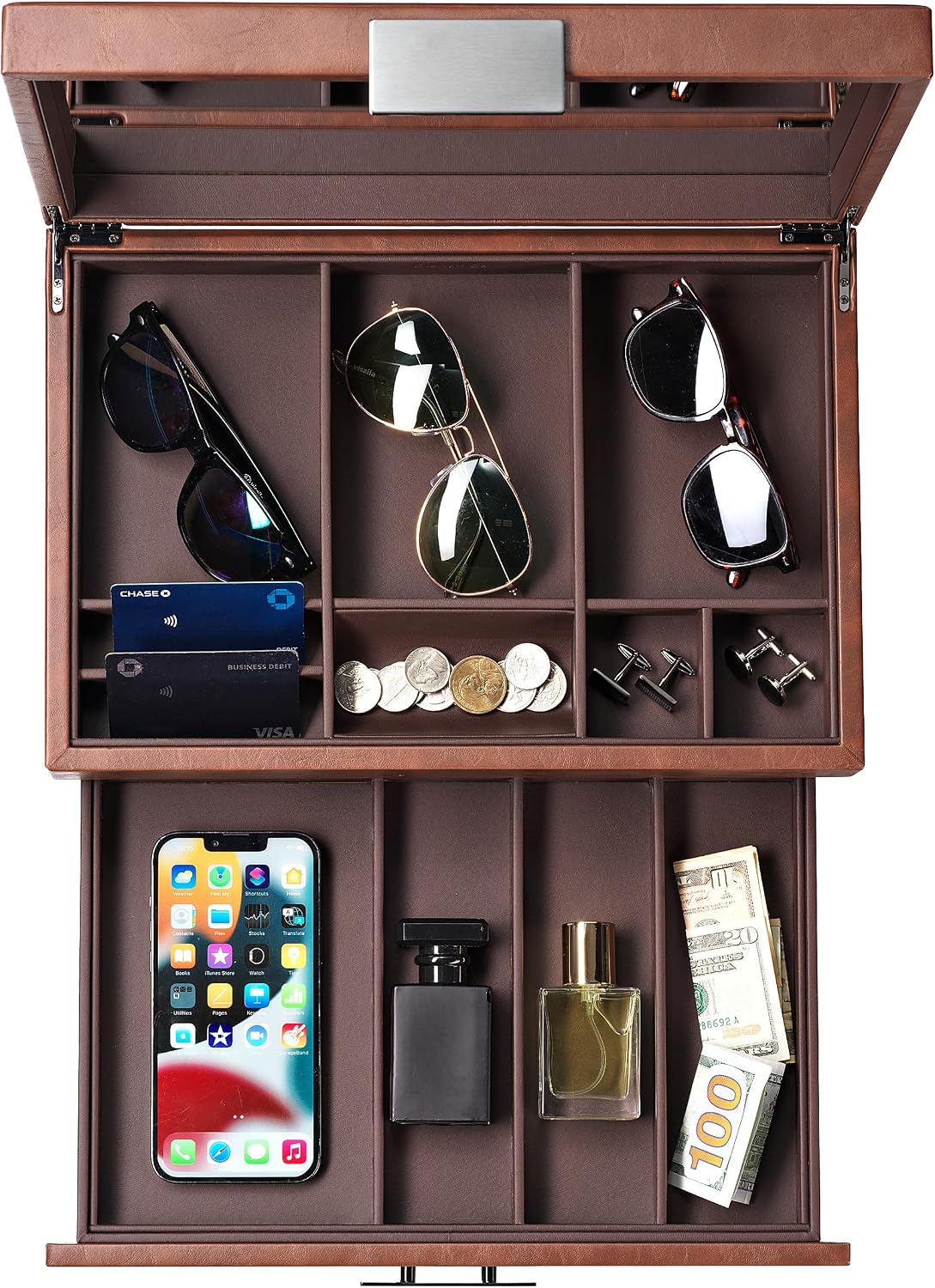 Glenor Co Mens Valet/Dresser Organizer - Luxury 12 Slot Jewelry Accessories Box, Carbon Fiber Design, Drawer Tray