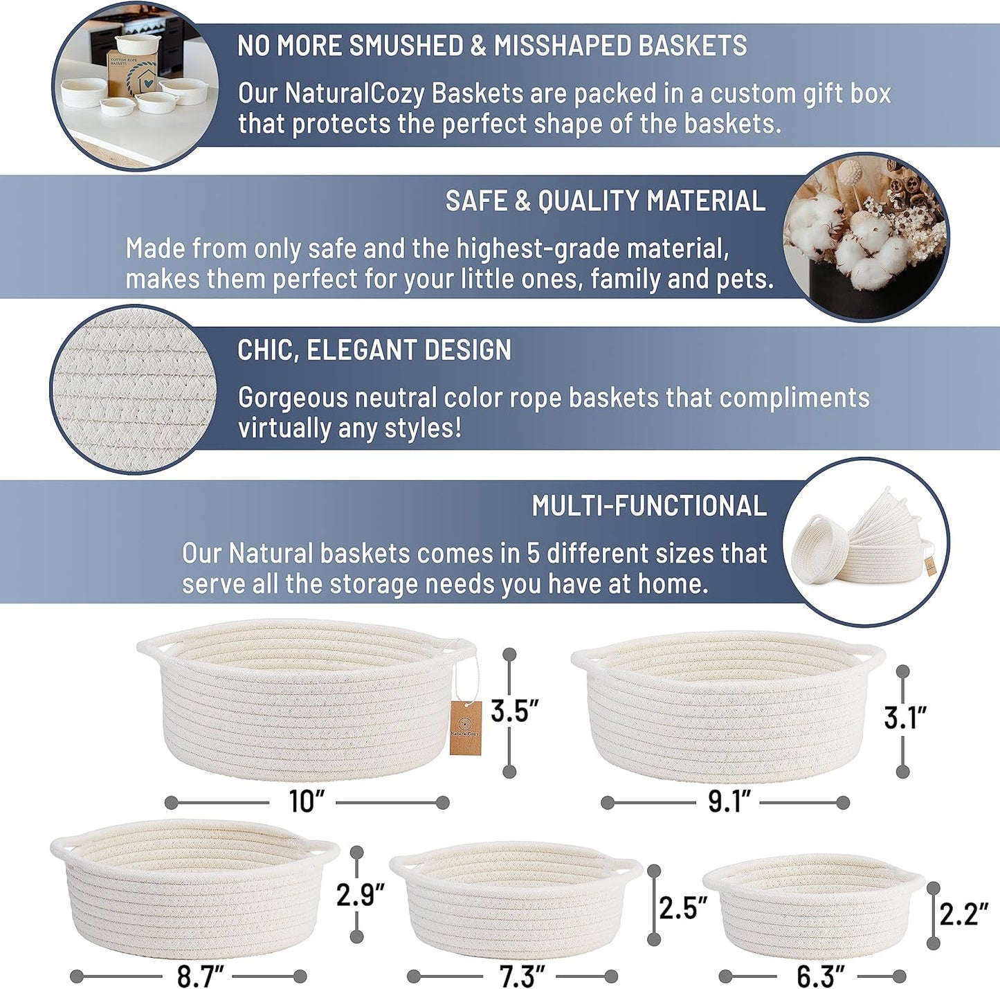 5-Piece Round Woven Cotton Rope Storage Baskets for Organizing / Off White