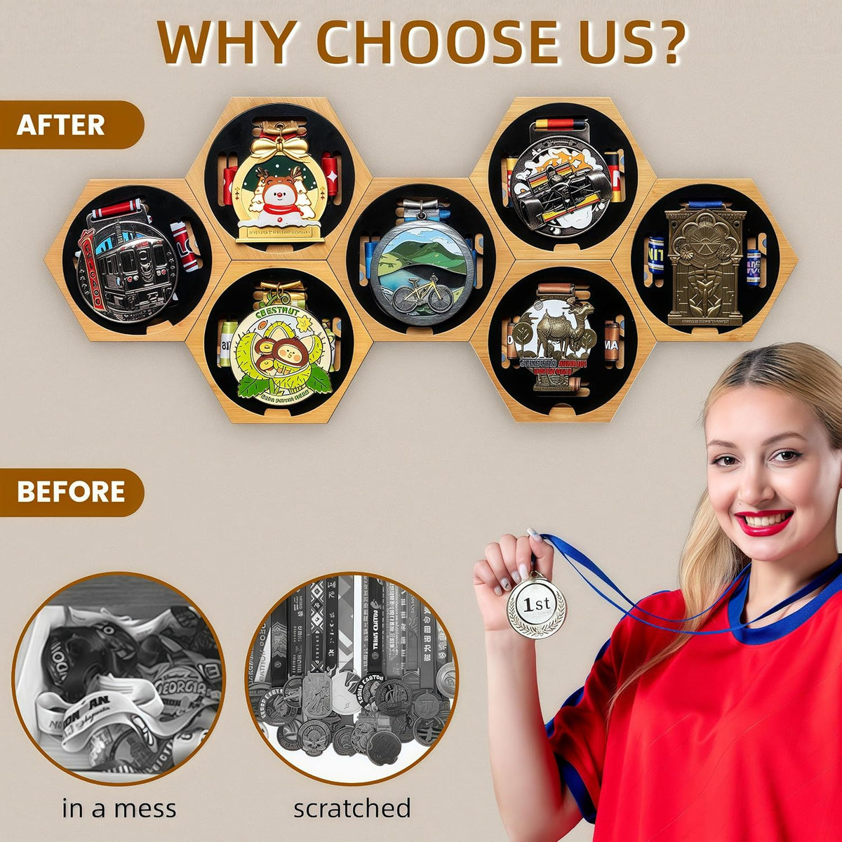 Medal Hanger Display - Honeycomb Marathon Medal Hanger, Race Medal Holder Rack for Wall with No-Drill Adhesive