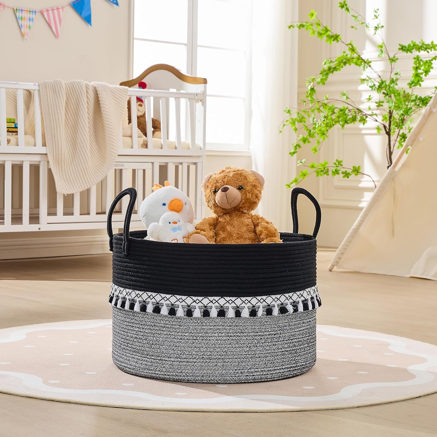 Pillows / Cotton Rope Storage Basket / Black Fringe / 20 x 13