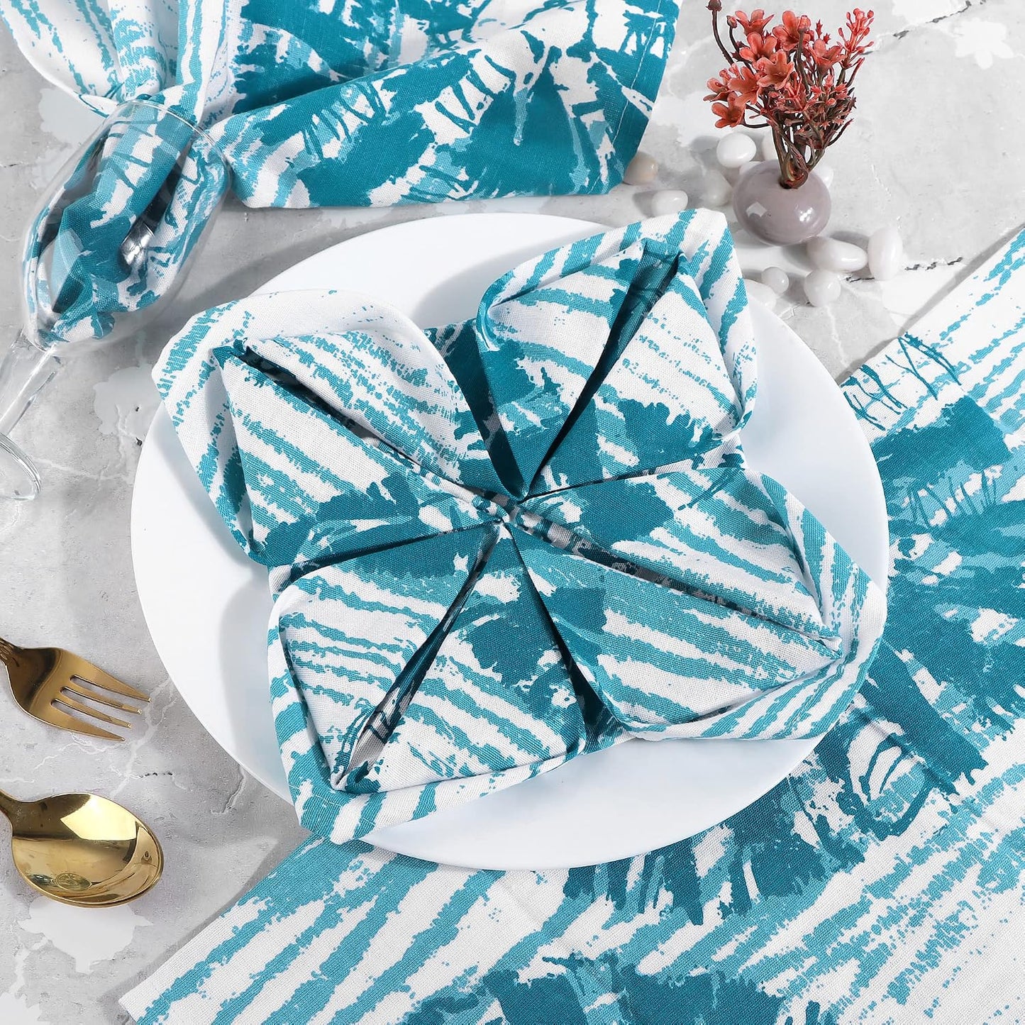 FINGERCRAFT Cloth Napkins Set of 12 Cotton Linen, 20x20 Inch, Shibori Teal | Mitered corner, washable, soft, absorbent