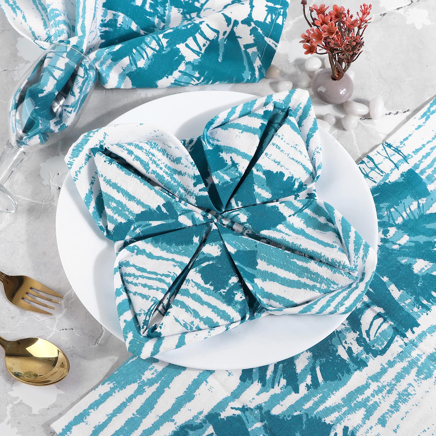 FINGERCRAFT Cloth Napkins Set of 12 Cotton Linen, 20x20 Inch, Shibori Teal | Mitered corner, washable, soft, absorbent
