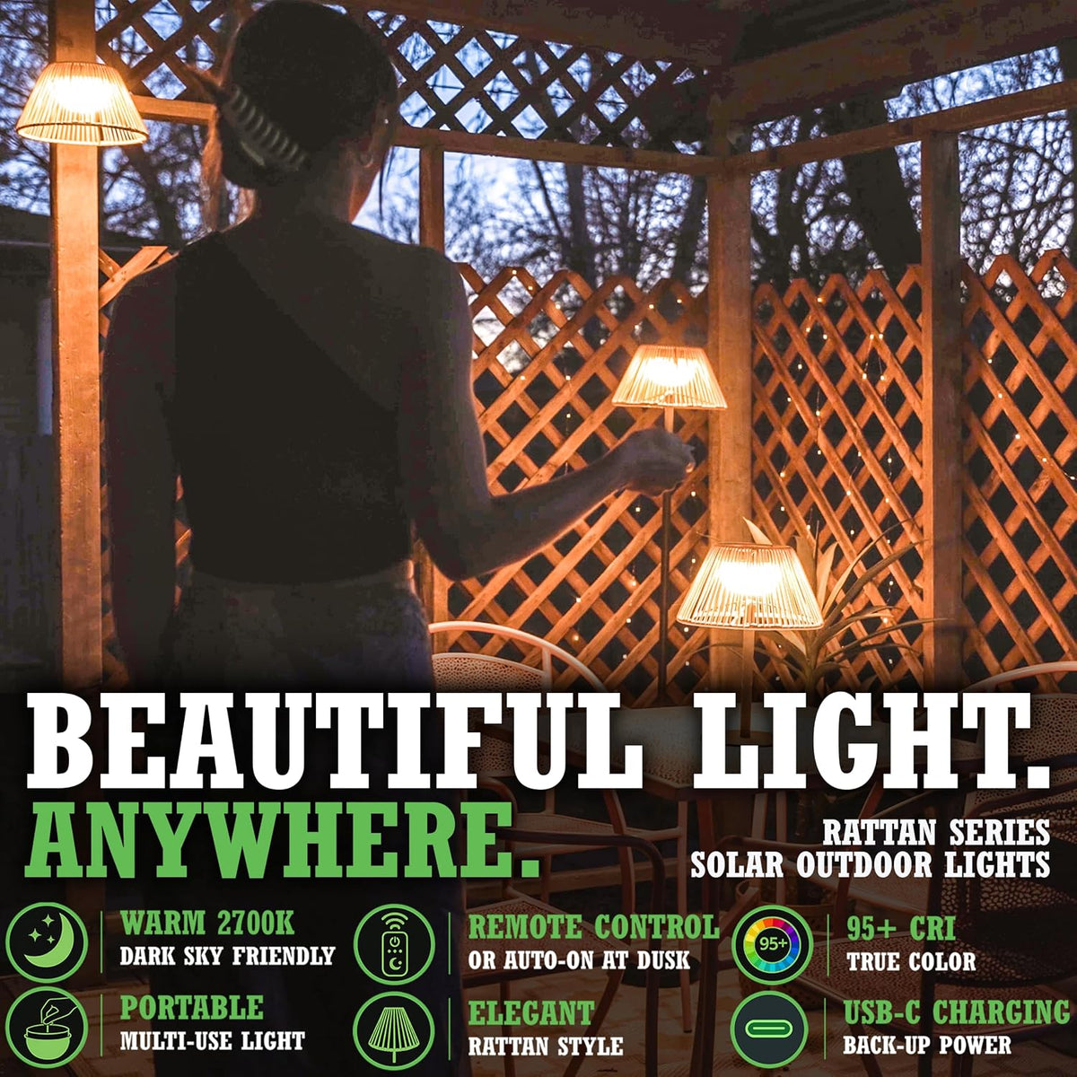 Rattan Solar Table Lamps - 2 Modes, Remote, Dimmable,Warm White,2pk
