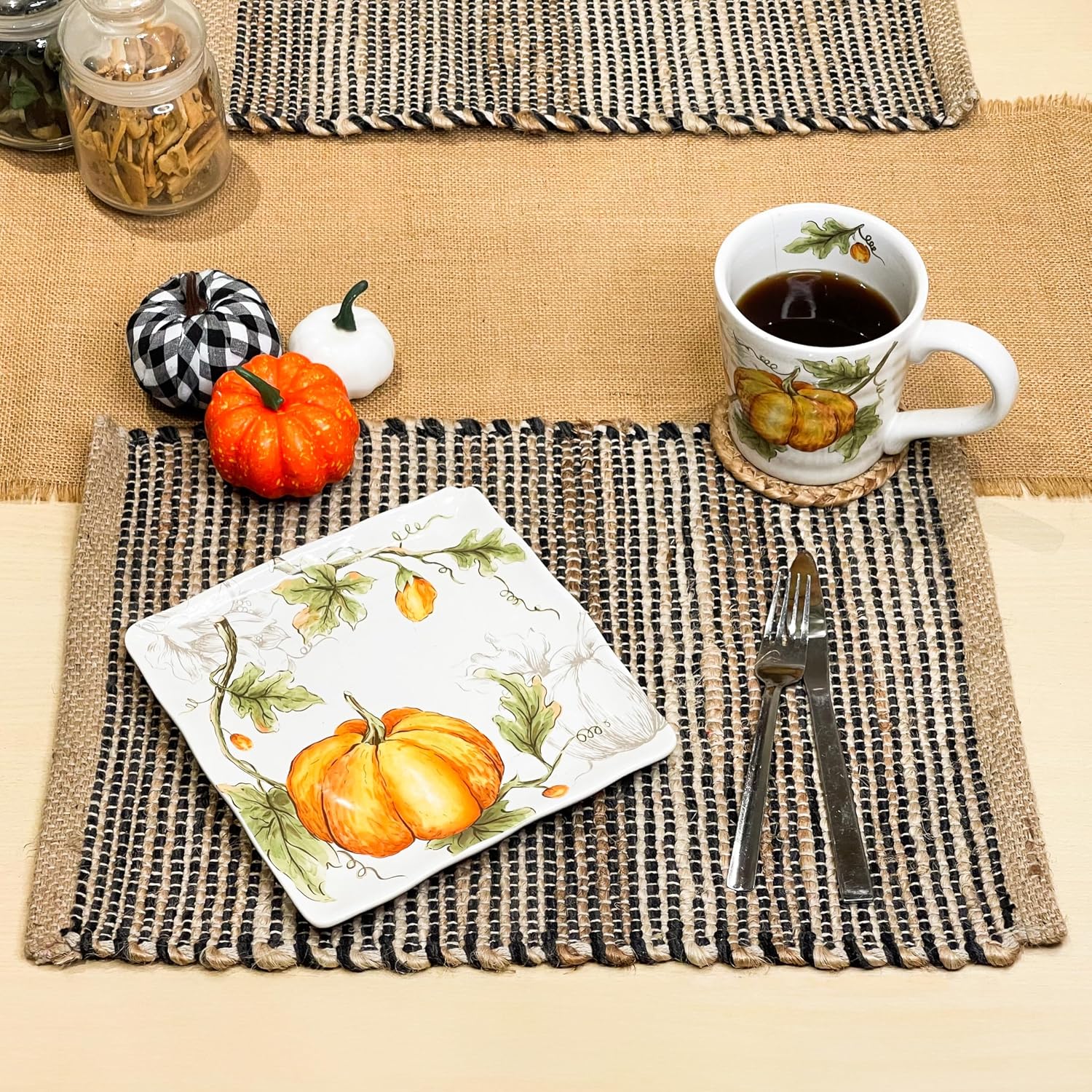 Natural Jute & Black Placemats, Set of 4 – Rustic Handmade Boho Table Mats, 13x19 Inch Dining Table Placemats for