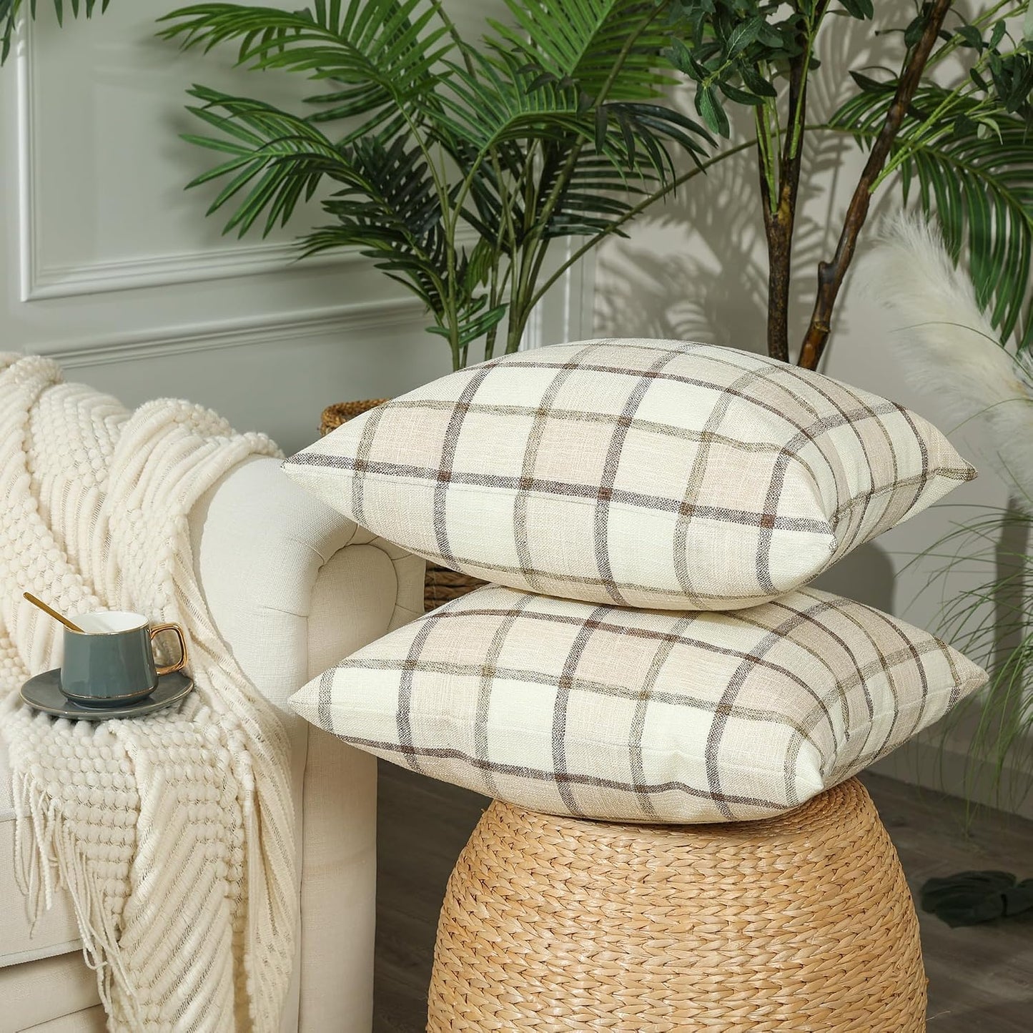 Fall Linen Buffalo Check Throw Pillow Covers / 18 x 18 / Check-beige / Set of 2