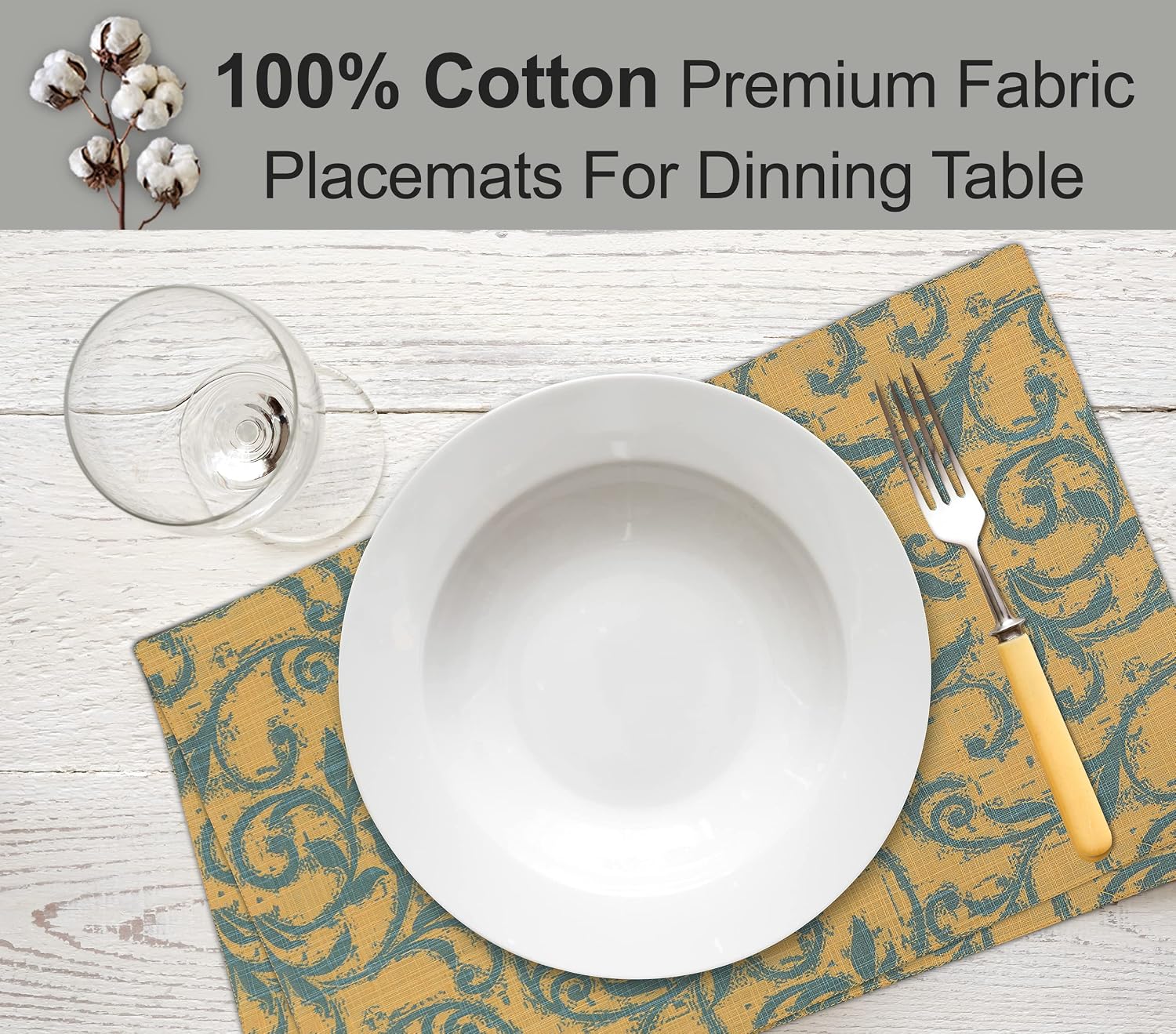 Ruvanti Placemats Set of 6, 100% Cotton Place Mats of 13"x19", Vine Spirals | Heat, Stain resistant, Washable