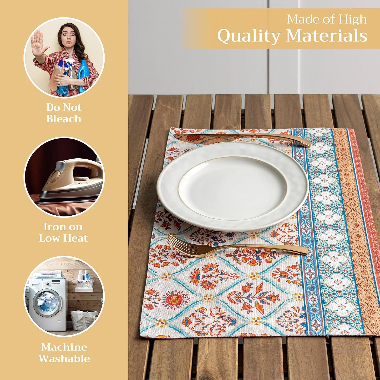 Maison d' Hermine Placemats Set of 4 Reusable 100% Cotton (13"x19") | Cloth Place Mats Washable Table Mats for Kitchen