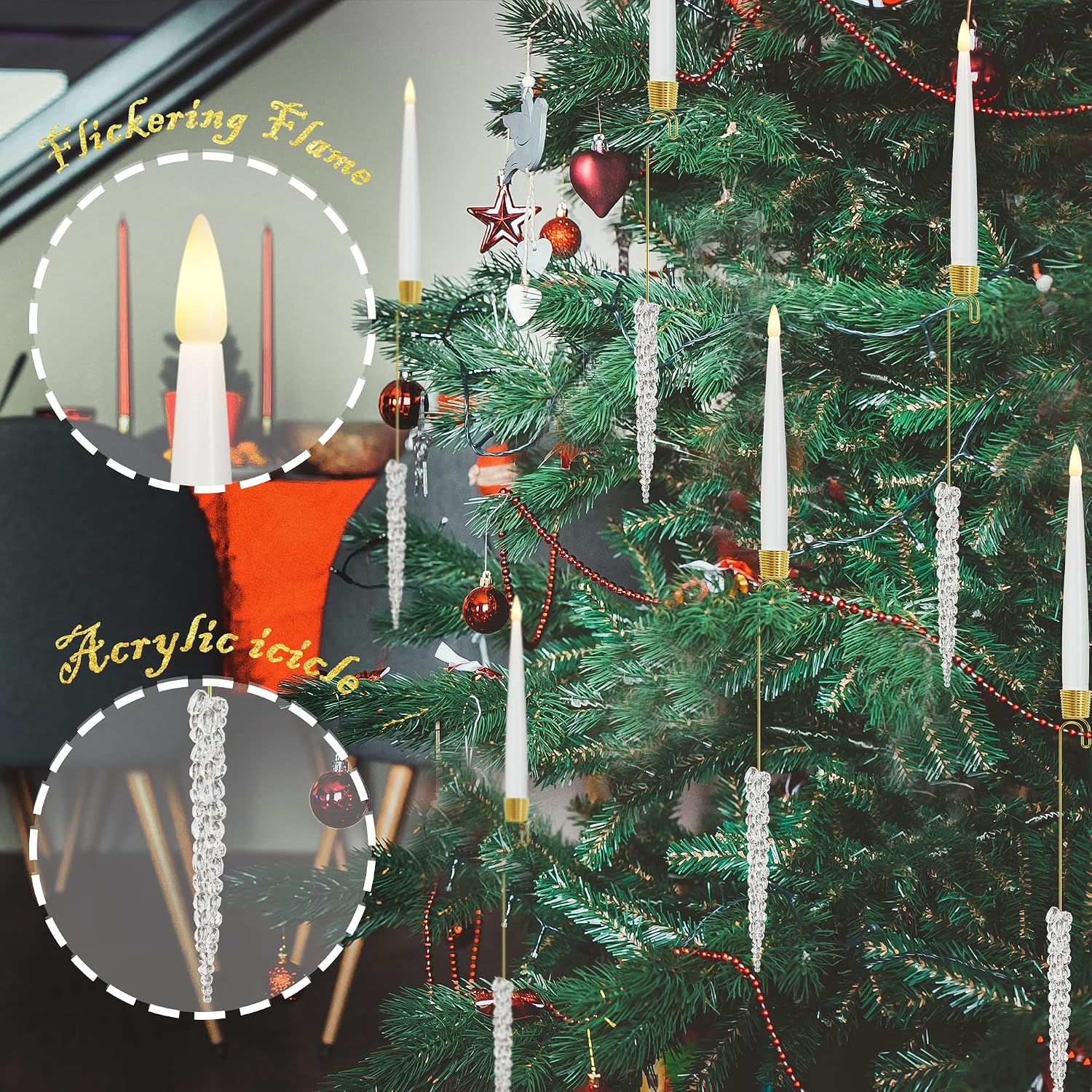 JOIONE Christmas Tree Candles, 12 Pack Crystal Icicles Tree Hanging Decor | Battery Operated, Remote Control, Crystal