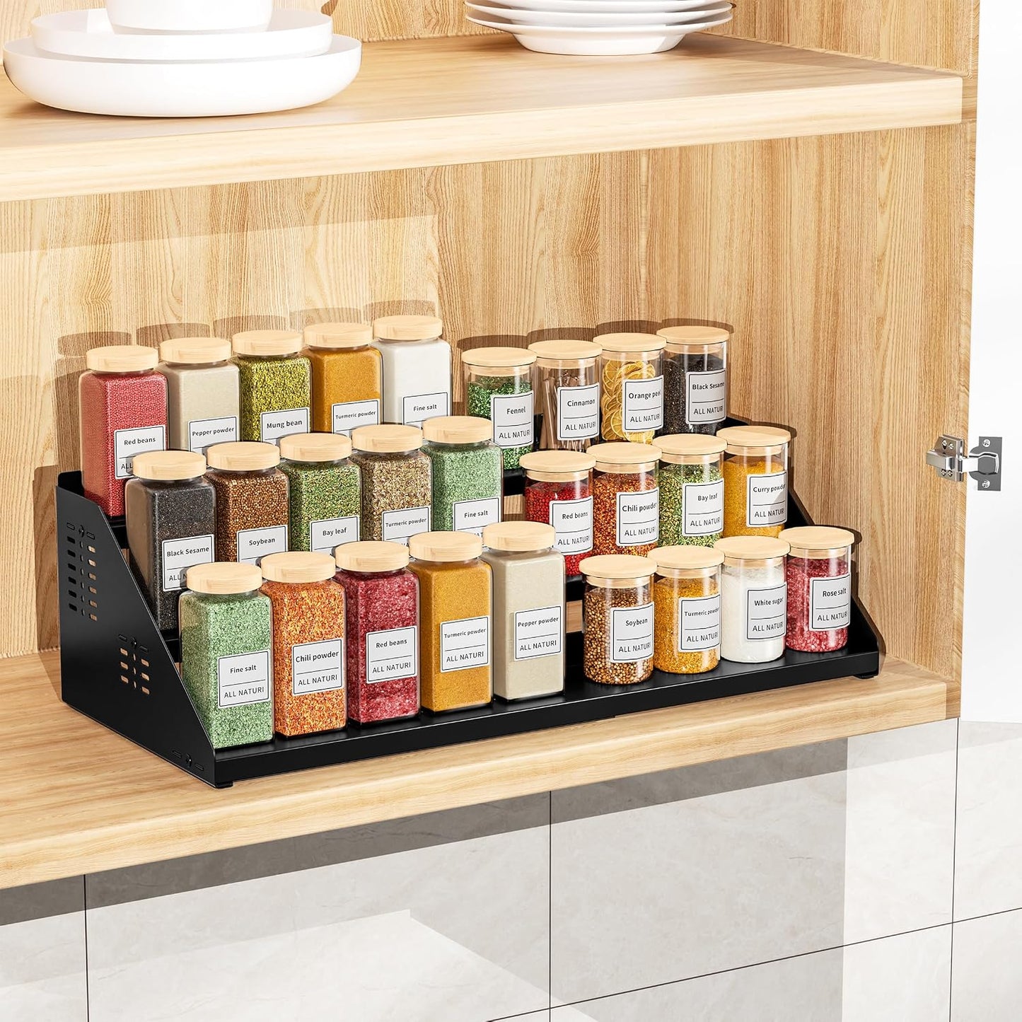 BOIVSHI 3 Tier Spice Rack for Cabinet, Adjustable Shelf, Black | Expandable Width 13"-22" Spice Organizer for