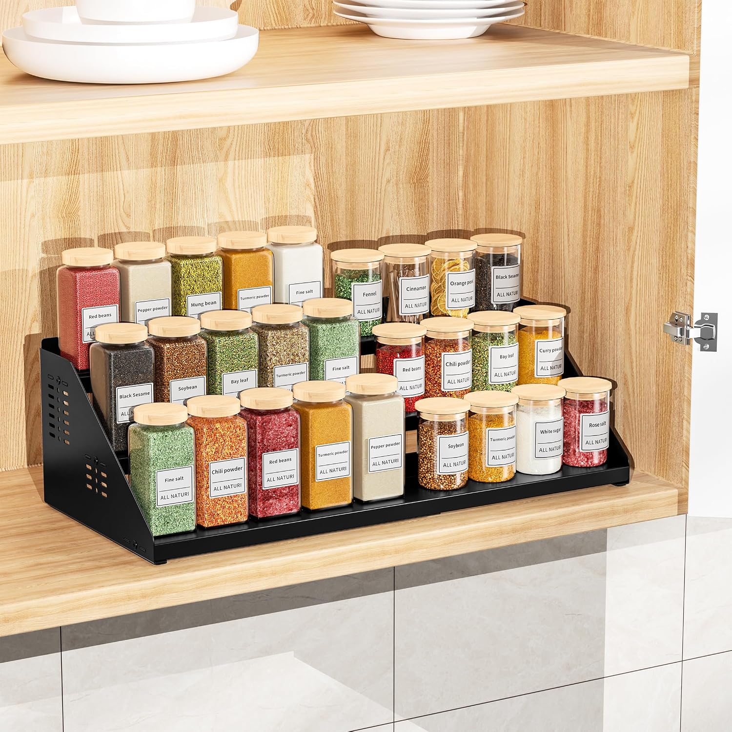 BOIVSHI 3 Tier Spice Rack for Cabinet, Adjustable Shelf, Black | Expandable Width 13"-22" Spice Organizer for