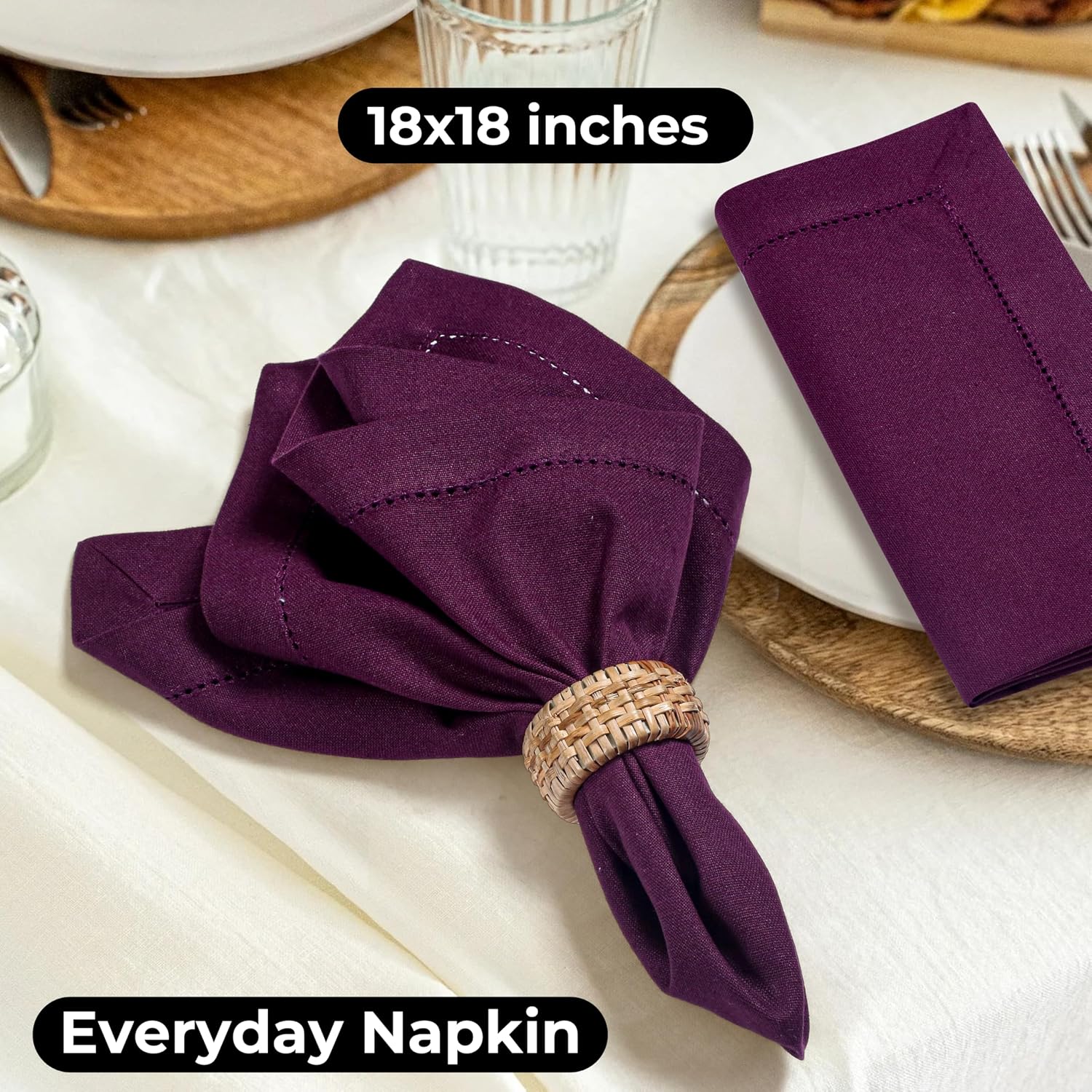 Bedding Craft Cotton Dinner Napkins Set of 12, 18x18, hemstitched, Plum | Machine Washable Soft Fabric Napkins for