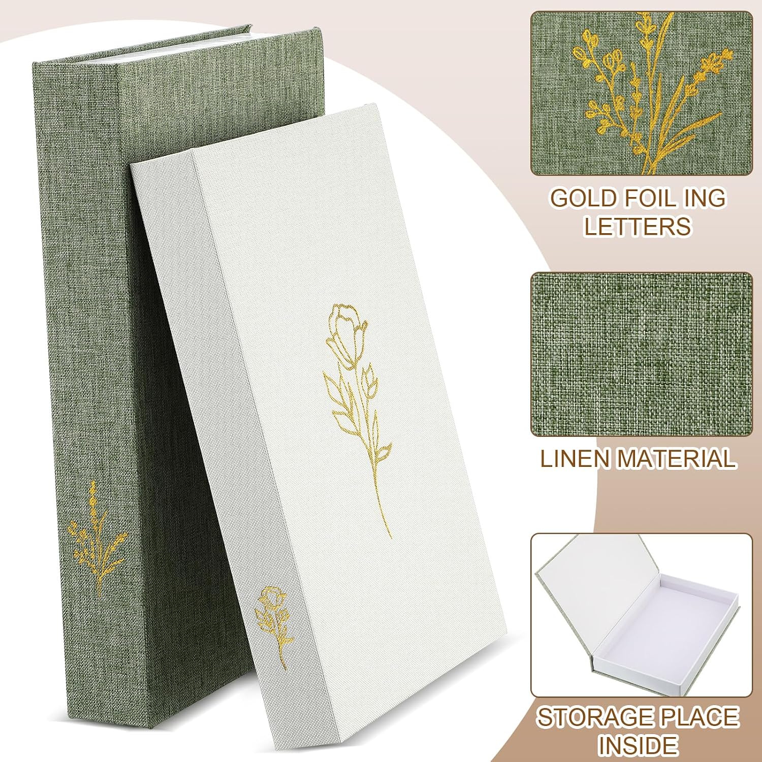 Aesthetic Decorative Books Linen Boxes Coffee Table Bookshelf Mantle / Sage Green Beige / Set of 2