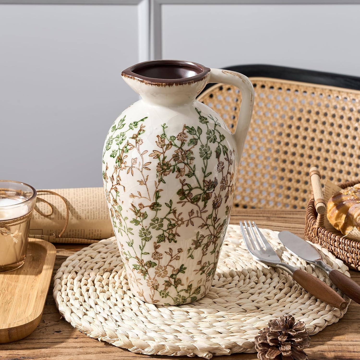 Rustic Ceramic Vase / Green and Beige- 8.9 / 8.9 Inch