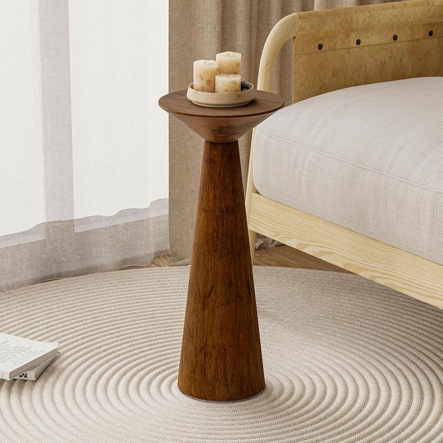 Solid Pine Wood Pedestal Accent Drink Stand / Walnut