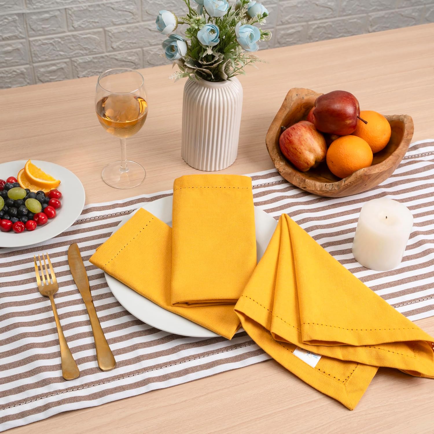 Blue Needles Set of 12 Hemstitch Linen Napkins 100% Cotton Golden Yellow Cloth Dinner Napkins 18x18 inches, Soft