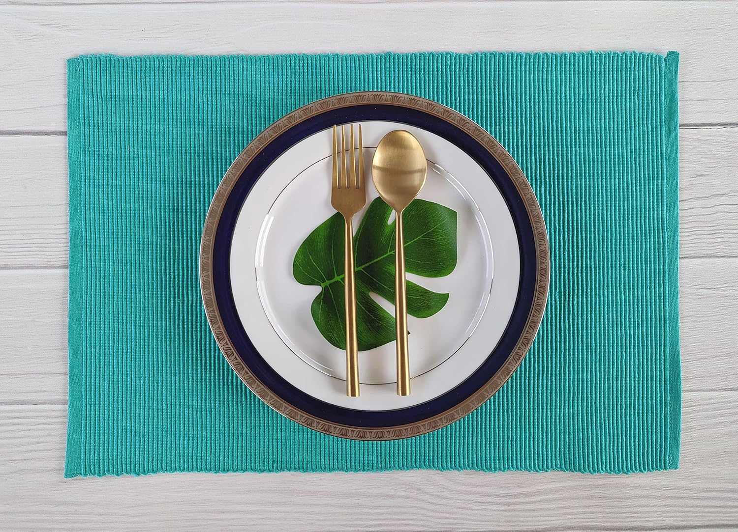 100% Cotton Ribbed Placemats - Set of 6-13 x 19 Inches - Turquoise Blue - Everyday Cloth Table Mats - Thick
