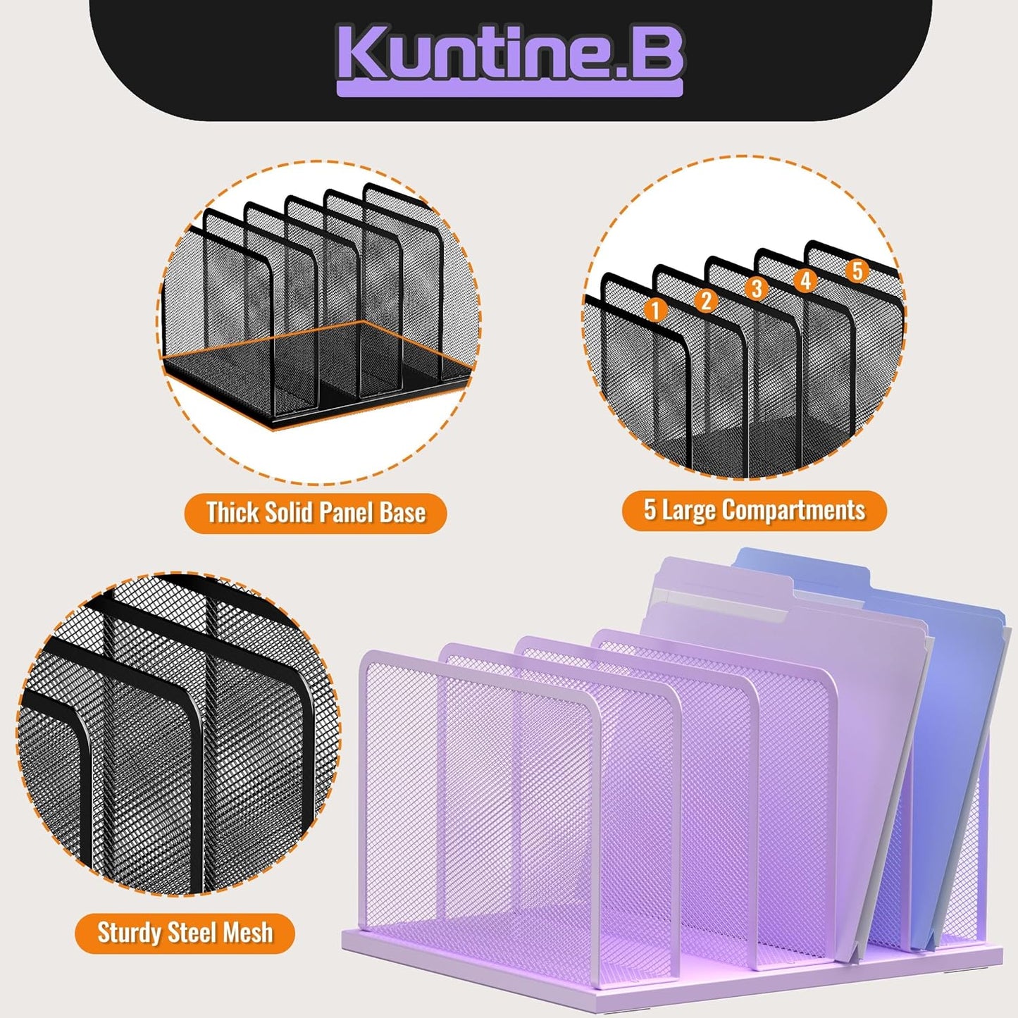 Kuntine.B 5-Section Upright Desk File Organizer Purple 1 Pack | Vertical, Mesh, Metal, Assembly, Stability, Sturdiness