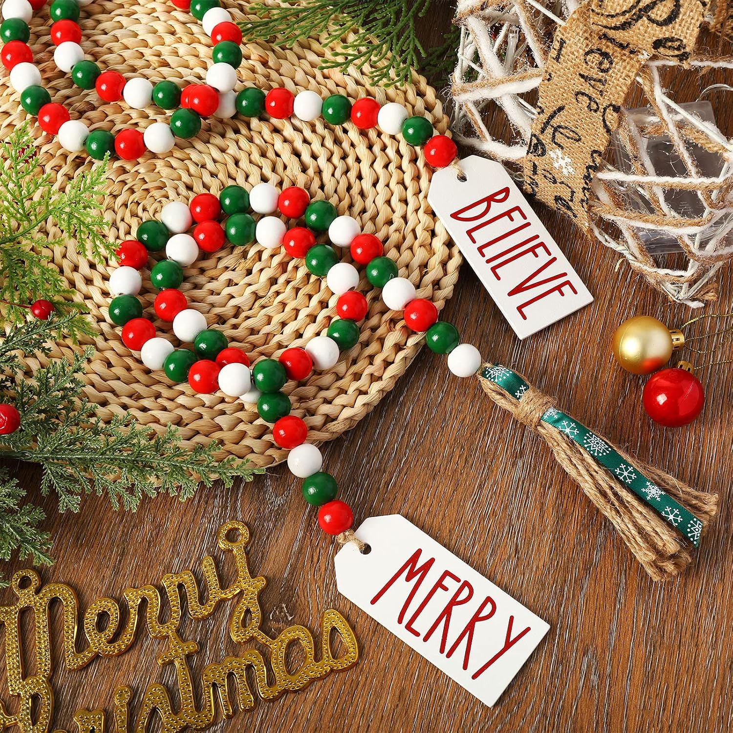 Christmas Wooden Bead Garlands Green White Wood Beads / Red / Set of 2