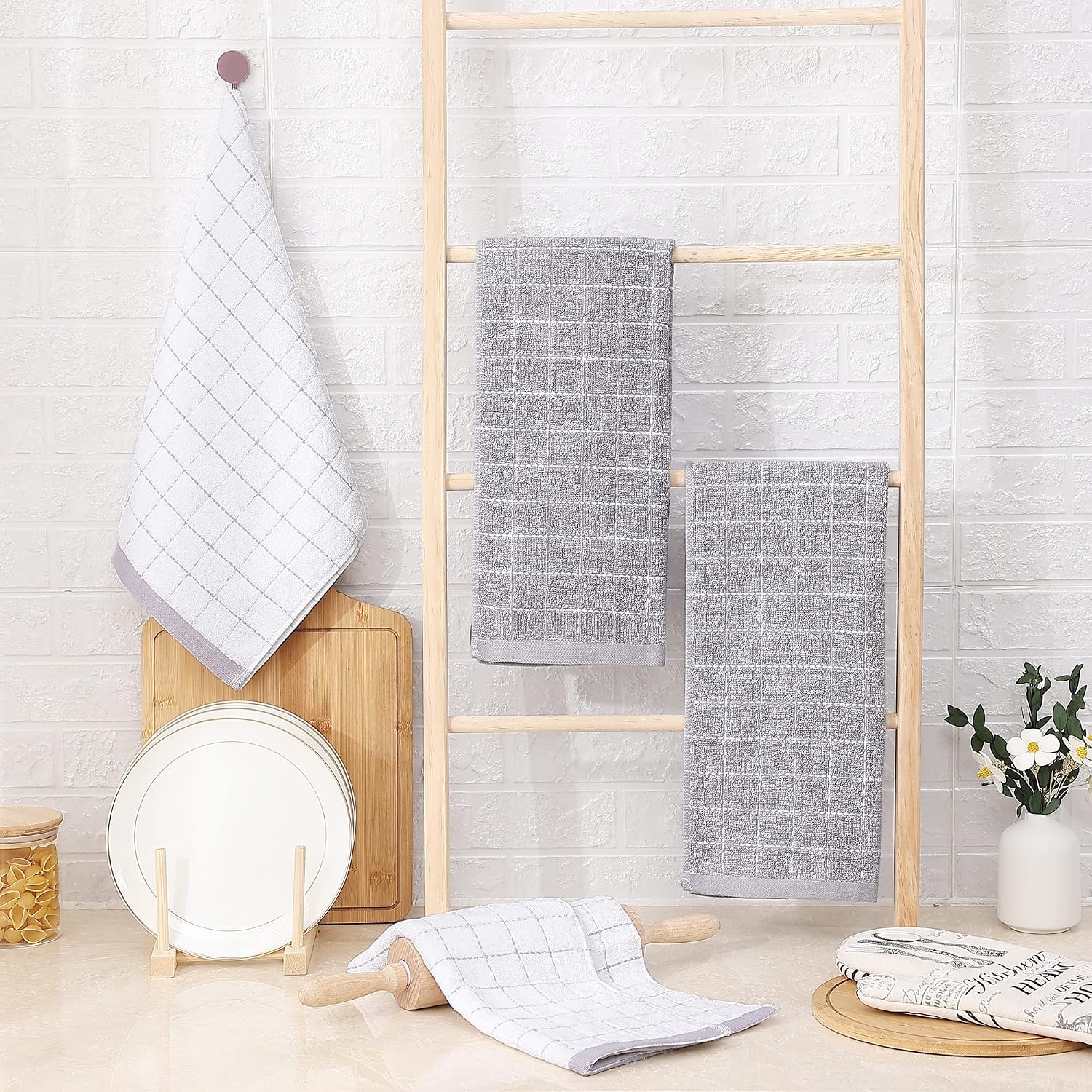 Homaxy 100% Cotton Terry Kitchen Towels, 8 Pack, White and Light Grey | Ultra Soft and Absorbent Dish Towels for
