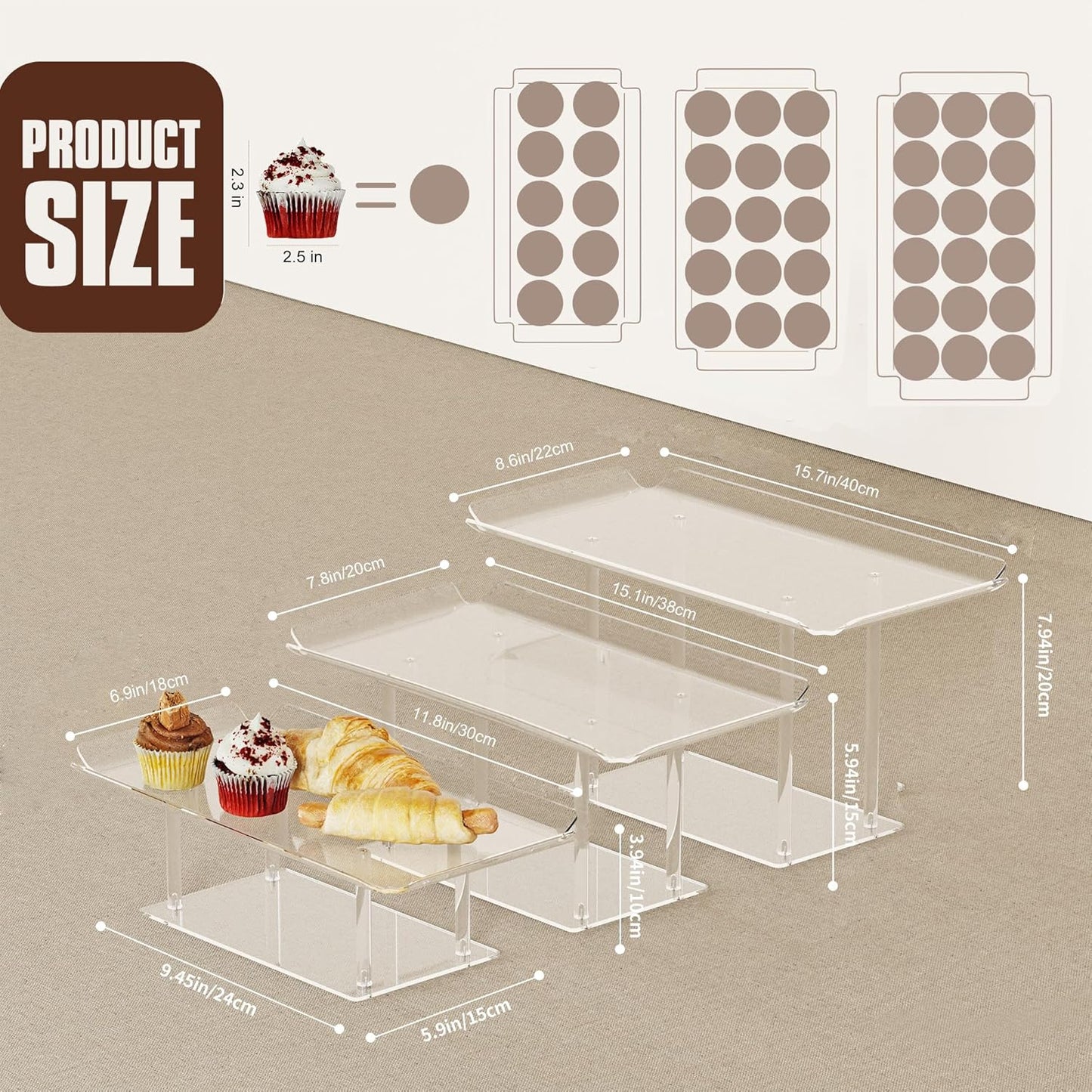 Acrylic Desert Stands Buffet Risers for Cupcakes Dessert Pastry Food / Clear / Set of 3