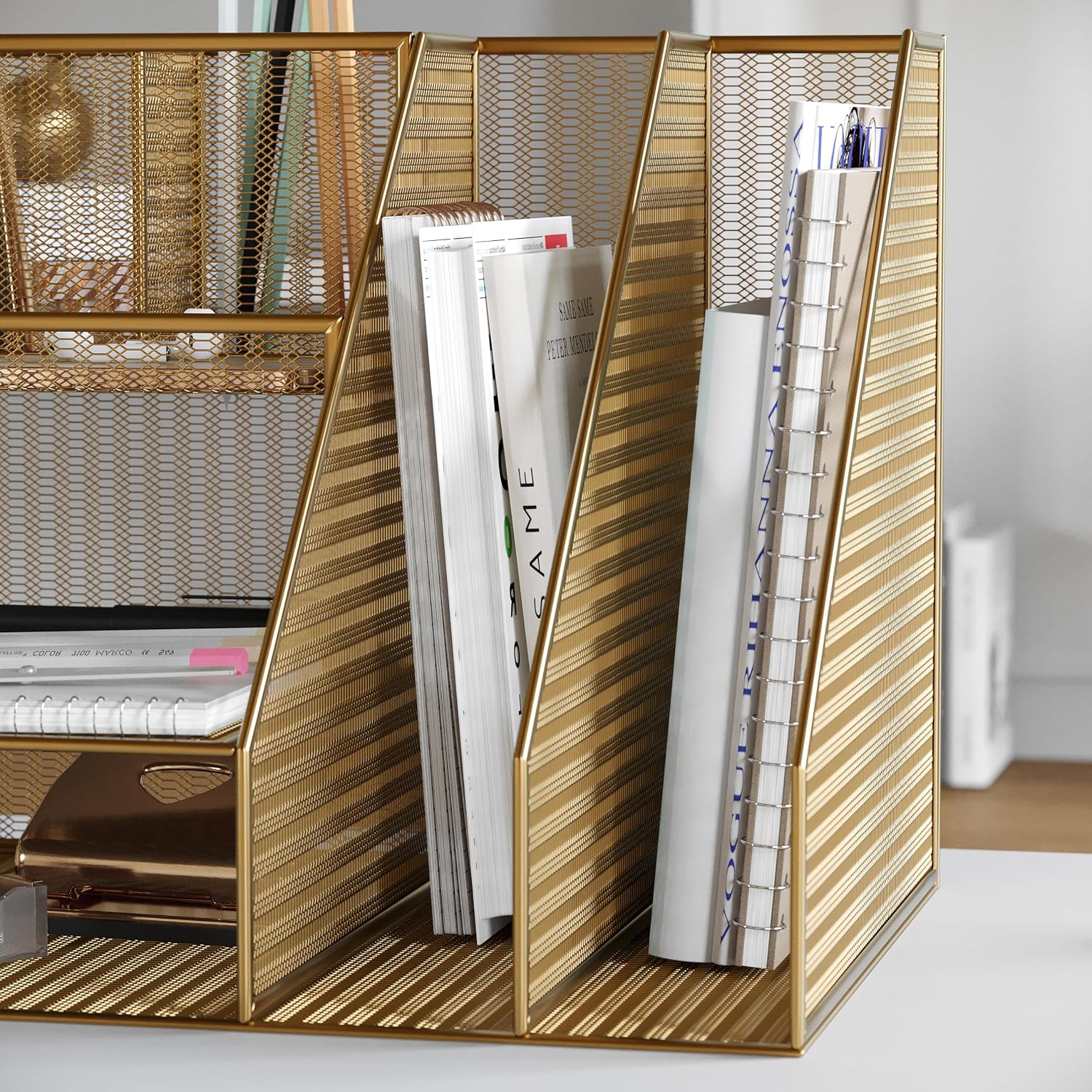Martha Stewart Ryder Mesh Metal Magazine File Holder, Gold | Steel Mesh, Gold Finish
