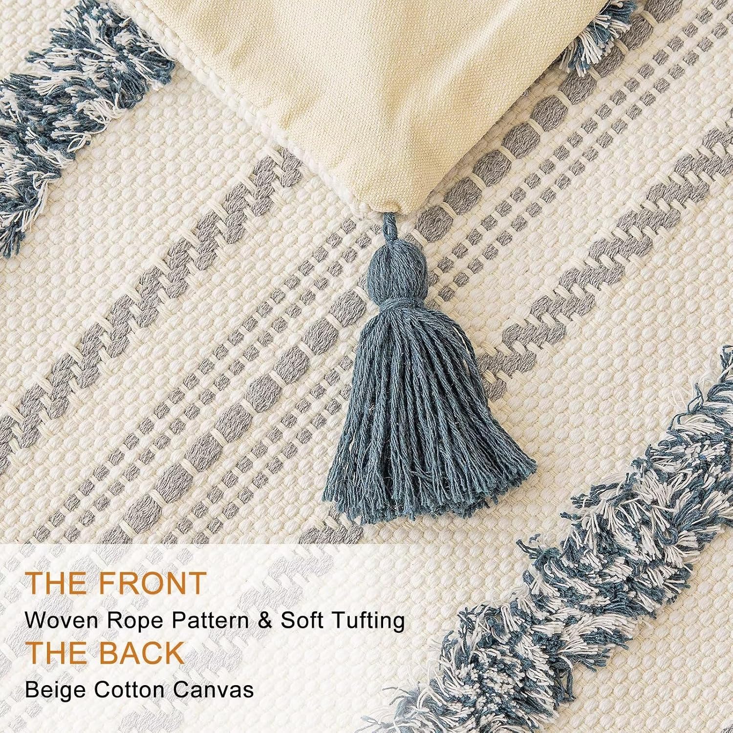 Boho Throw Pillow Covers Woven Tufted Farmhouse Pillows Cover / Dark Blue / 18 x 18 / Set of 2
