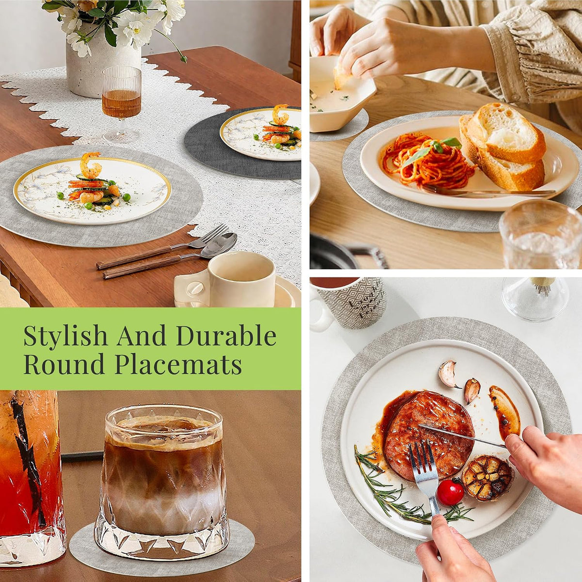 Fyvva Placemats Set of 12, 13" Round Reversible Faux Leather with Coasters | Wipeable & Waterproof Table Mats, Heat