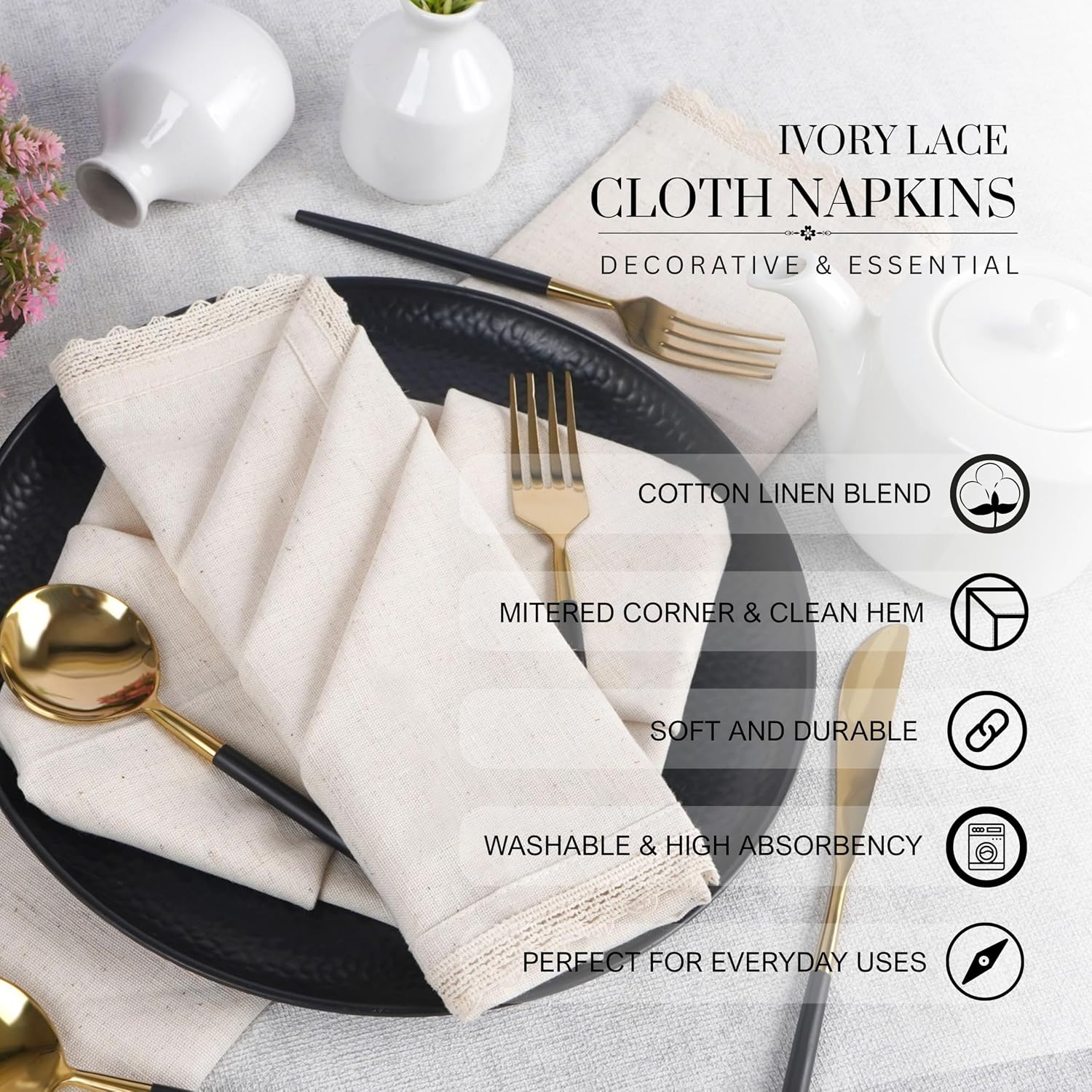 FINGERCRAFT Lace Cloth Napkins, Cotton Linen, 12 Pack, 20x20 Inch, Ivory | Premium Crochet lace, mitered Corners