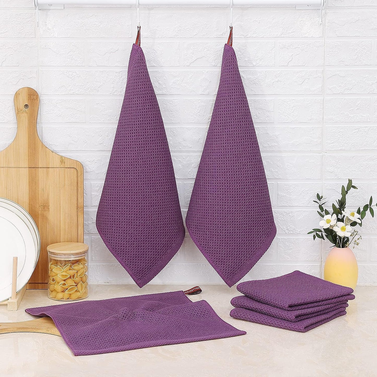 Kitinjoy 100% Cotton Waffle 12-Pack Kitchen Towels, 12" x 12", Violet | Ultra Absorbent, Super Soft, lightweight, Quick