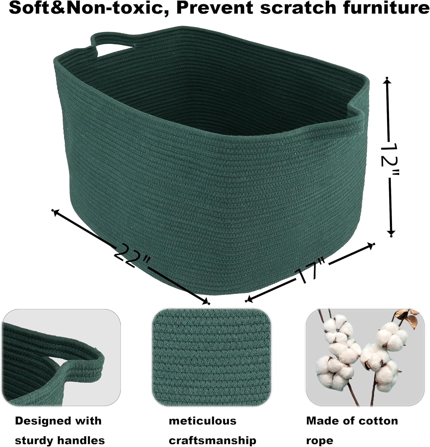 Large Rectangle Blankets Basket Living Room " Woven Cotton Rope Storage / Dark Green / 22 x 17 x 12