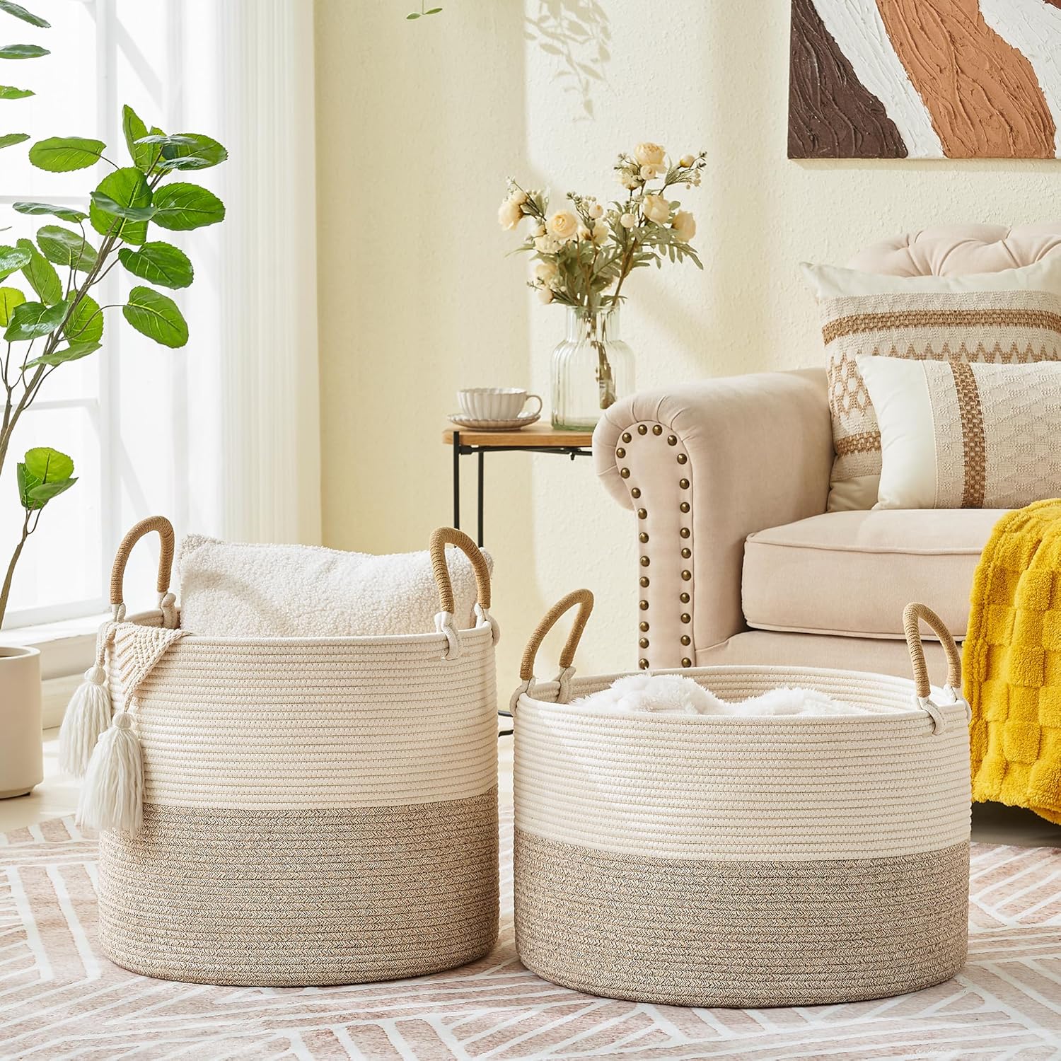 Pillows / Cotton Rope Storage Basket / Beige Mix / 20 x 13