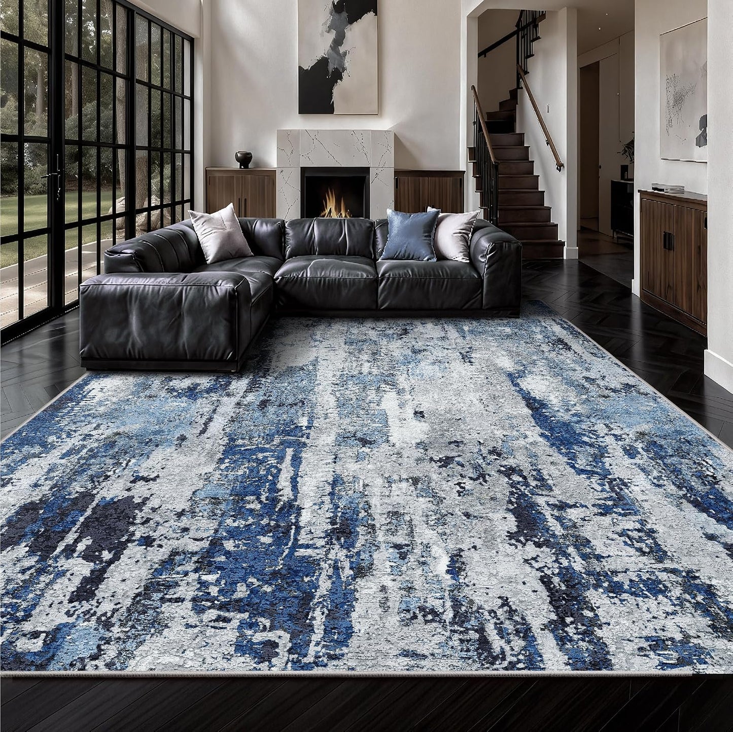 PLHXFR Area Rug Living Room: 4x6 Abstract Washable Carpet White Blue