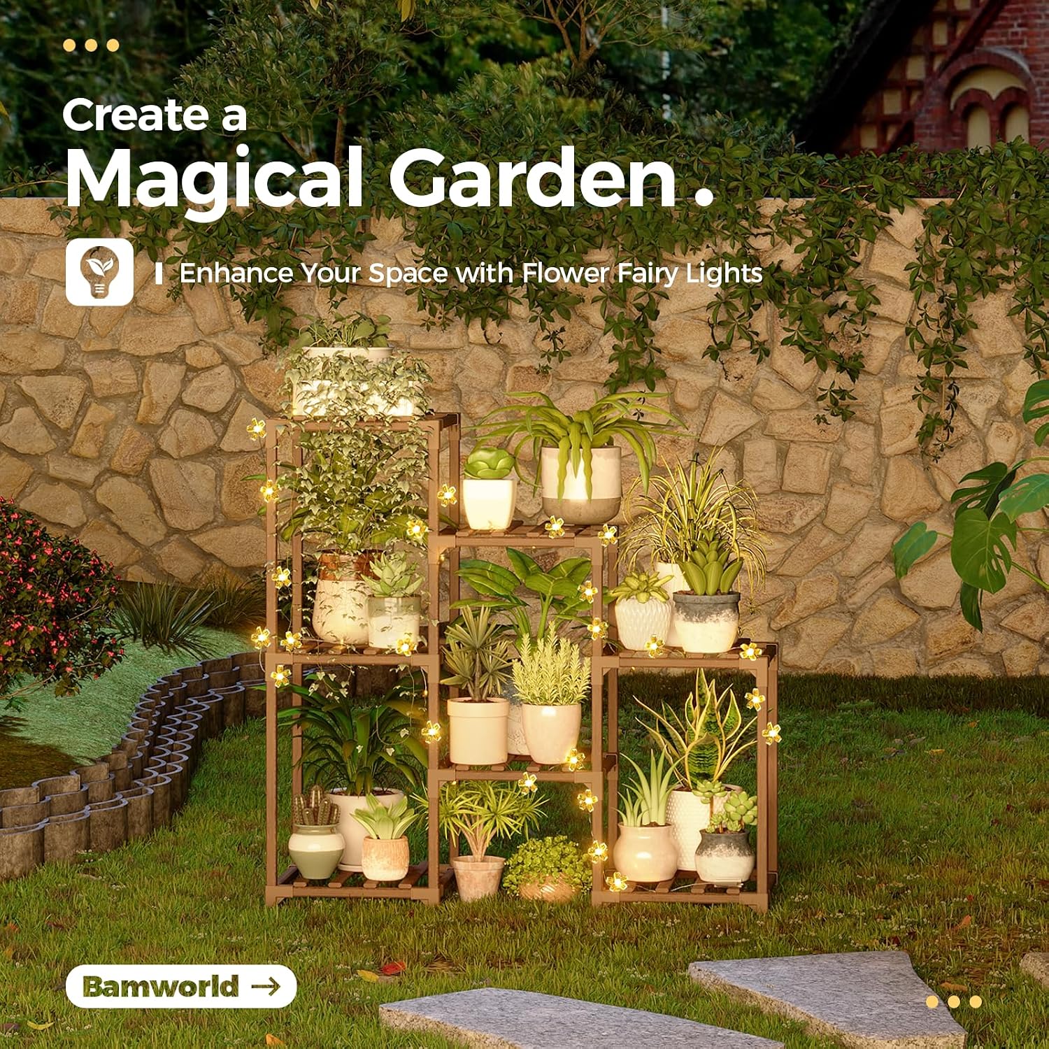 Bamworld Plant Stand Indoor with Flower Fairy Lights Battery Plant Shelf | Wood Plant Rack for Multiple Plants 3 Tiers