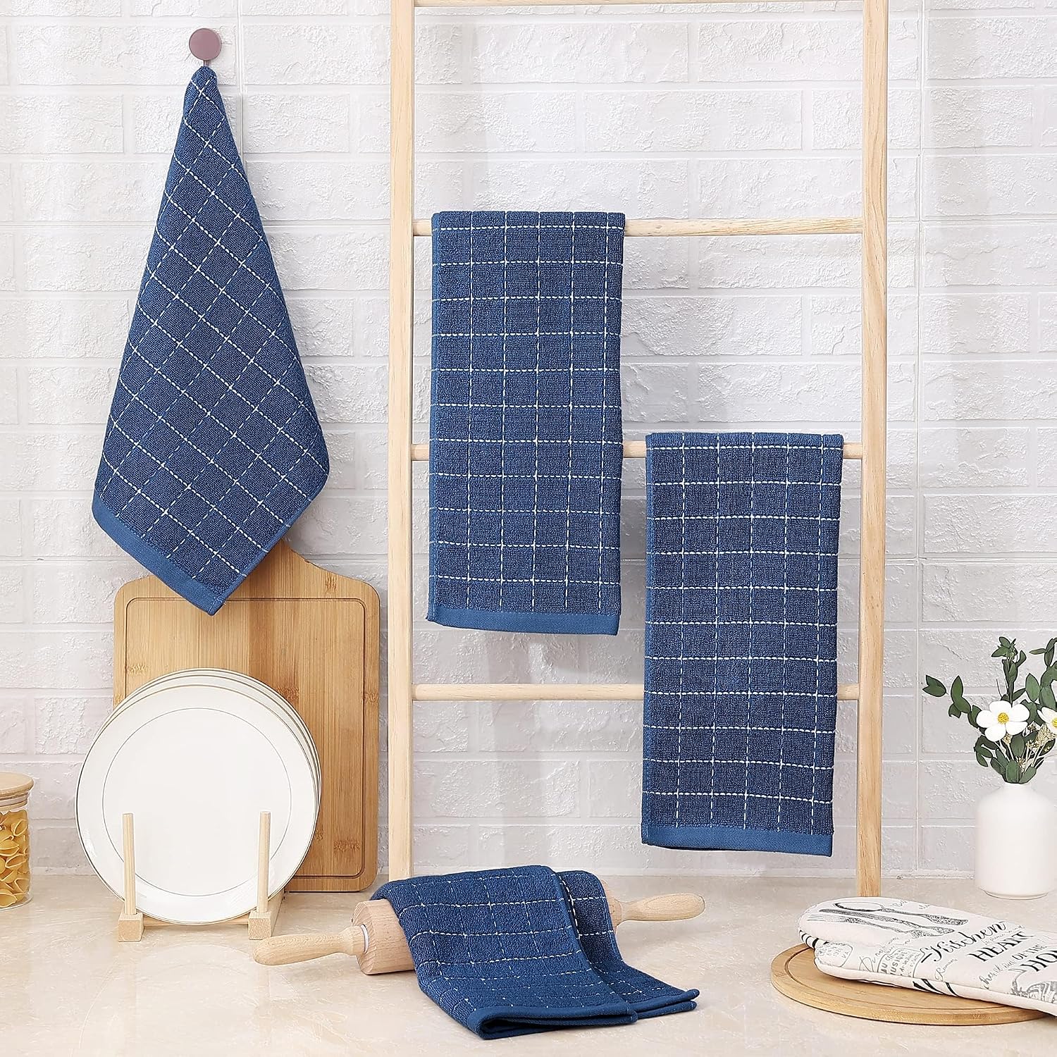 Homaxy 100% Cotton Terry Kitchen Towels, 8 Pack, Navy Blue | Ultra Soft and Absorbent Dish Towels for Kitchen, Suitable