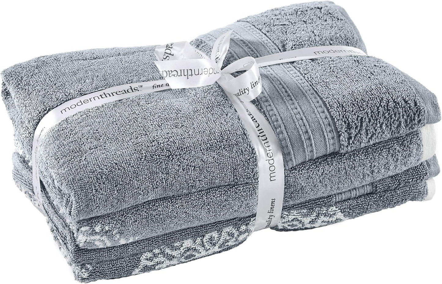 Modern Threads 6-Piece 100% Cotton Damask Medallion Towel Set, Blue | Highly Absorbent, Soft & Plush, Quick-Drying, 550