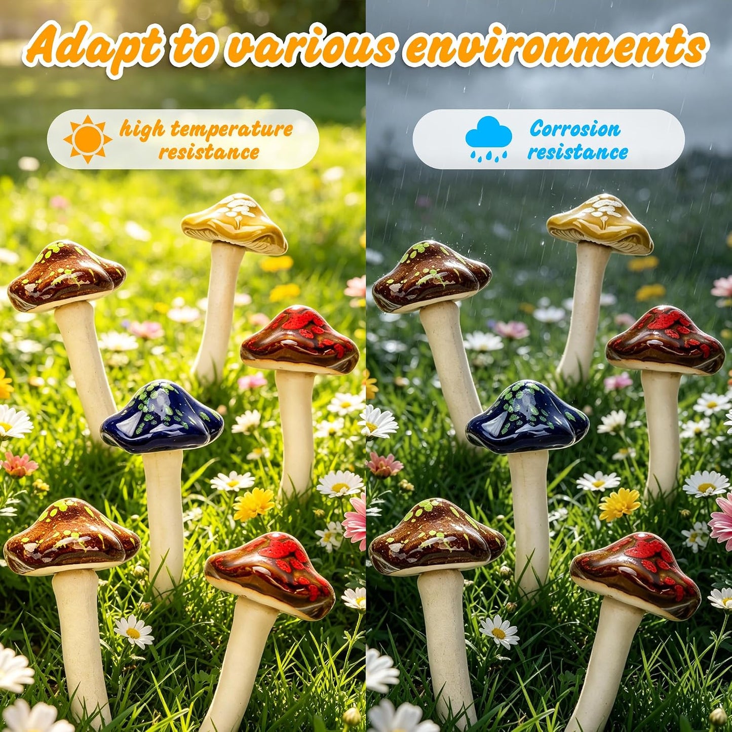 Ceramic Mushroom Garden Ornaments- Lawn Ornaments / Blue / 5 Inch / Set of 12