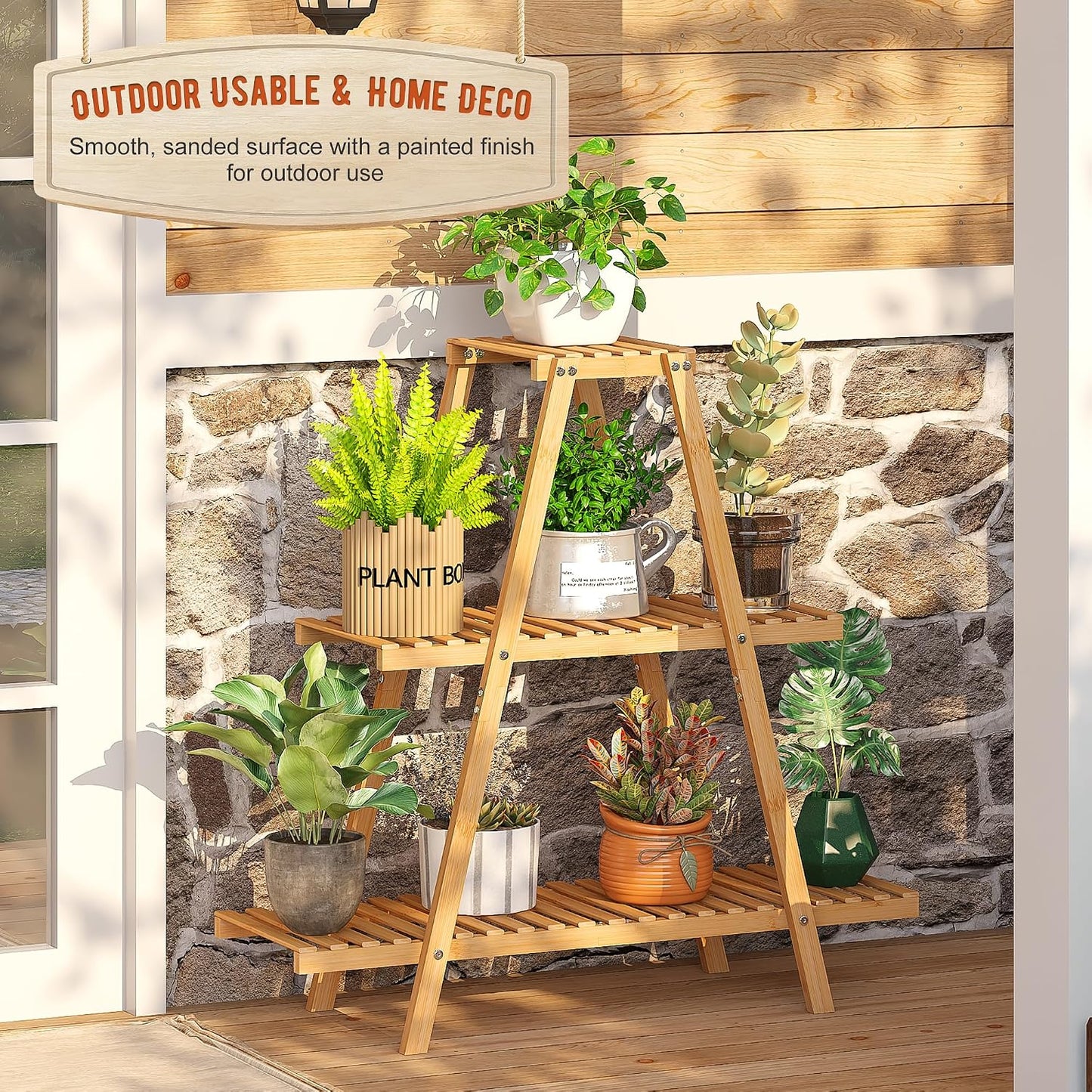 GHWIE Plant Stand Indoor Plant Shelf Outdoor bamboo Plant Rack, 3 Tiers Ladder Plant Holder Flower Stand for Living