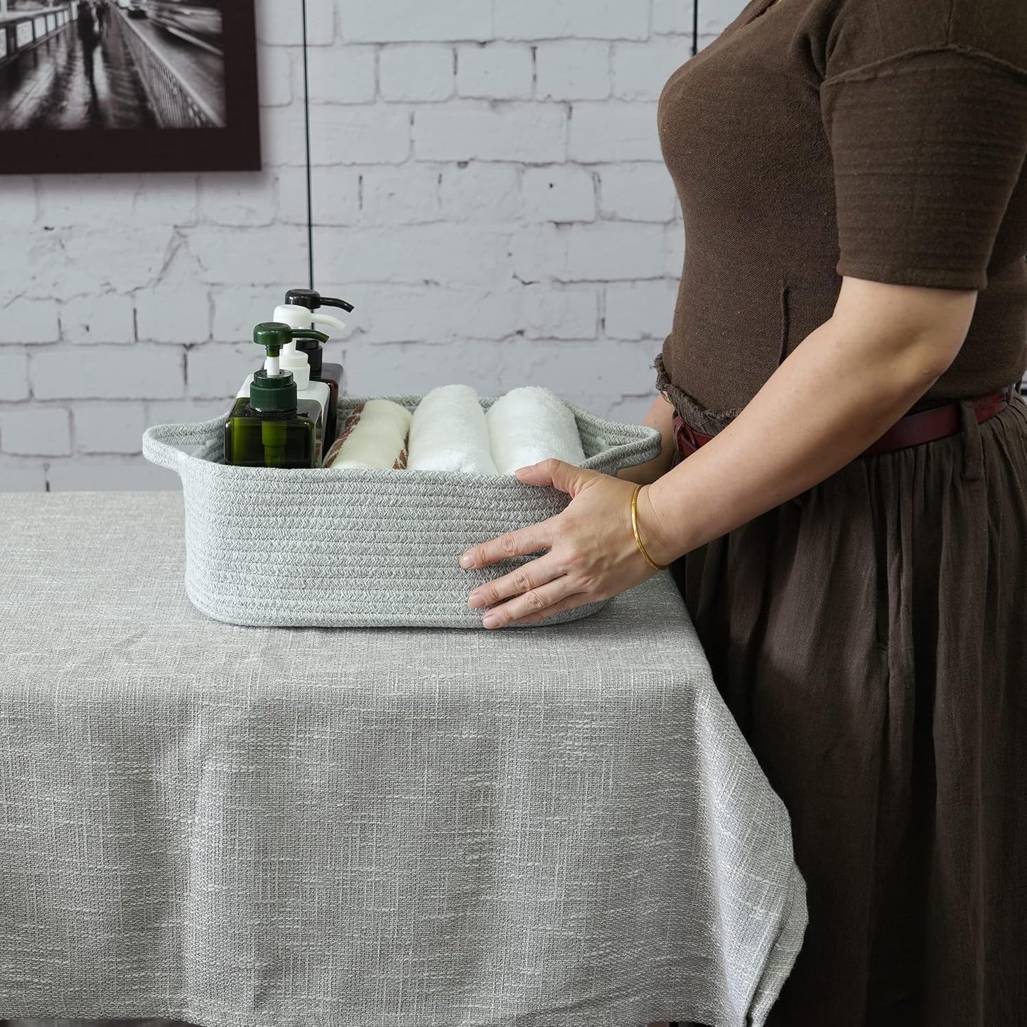 Woven Cotton Rope Storage Basket / Light Grey