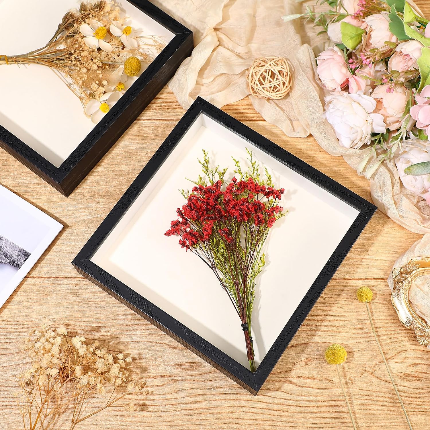 Ripeng 16 Pack 8x8 Inch Shadow Box Frame Display Cases, Black Deep Picture Frames for Wedding Bouquet Preservation
