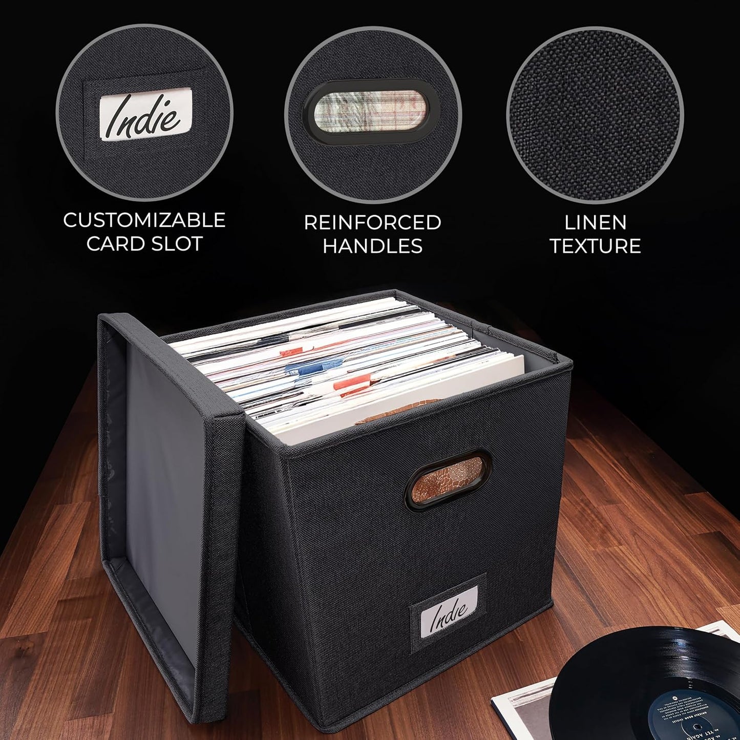 Decorative Vinyl Record Storage Box for 50+ Single Records - LP Holder | Sturdy and Easy to Carry Crate with Lid - The