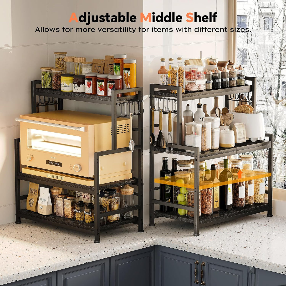 23.6"W Large Kitchen Countertop Organizer, 3 Tier Spice Rack Organizer with Adjustable Shelf and 10 Hooks, Wooden