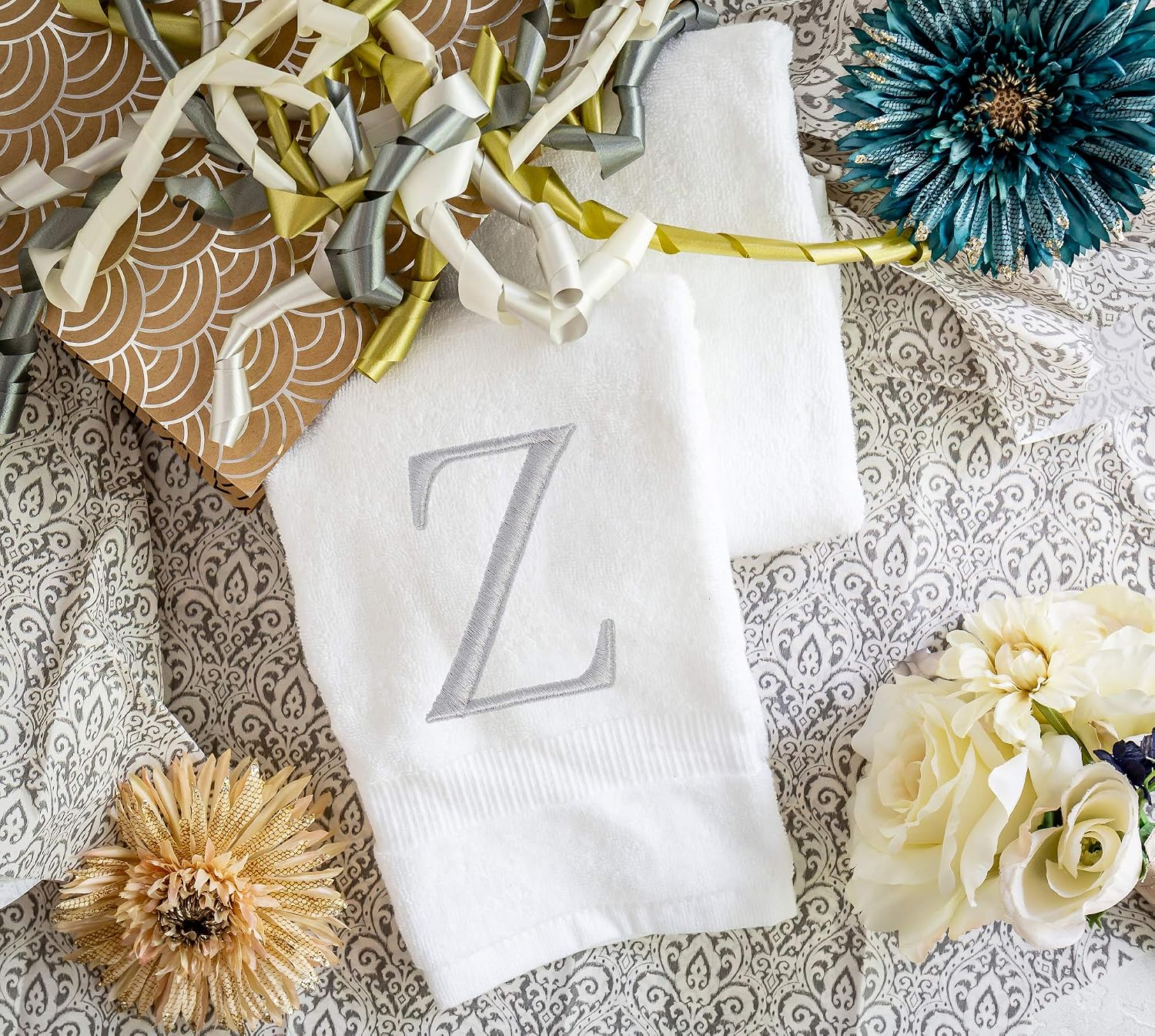 White with Silver Monogrammed Hand Towels for Bathroom - Set of 2 Letter Z | Luxury Hotel Quality Initial Towels For