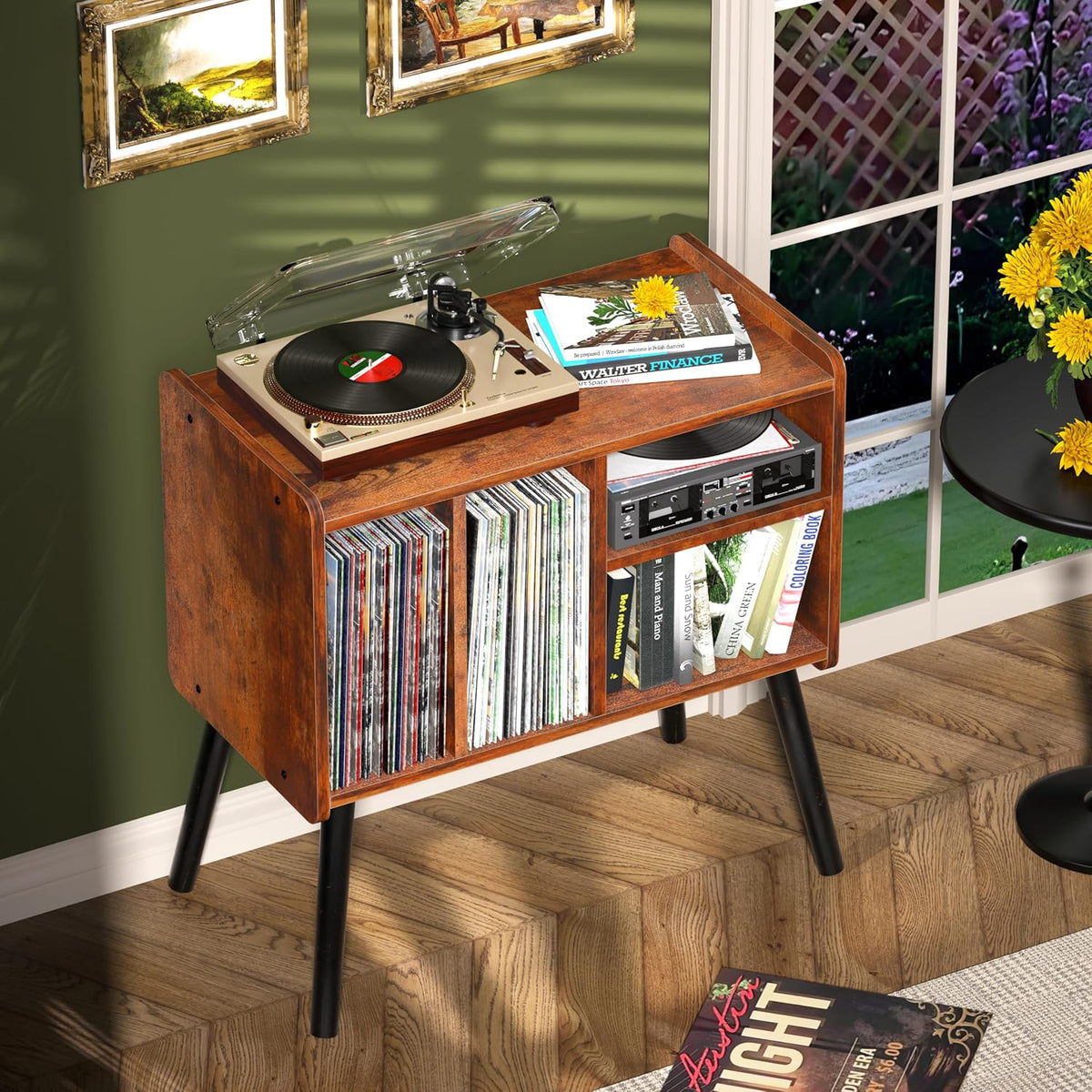 Record Player Table, Mid-Century Record Player Stand Hold Up to 150+ Albums | with Vinyl Storage Vinyl Record Cabinet