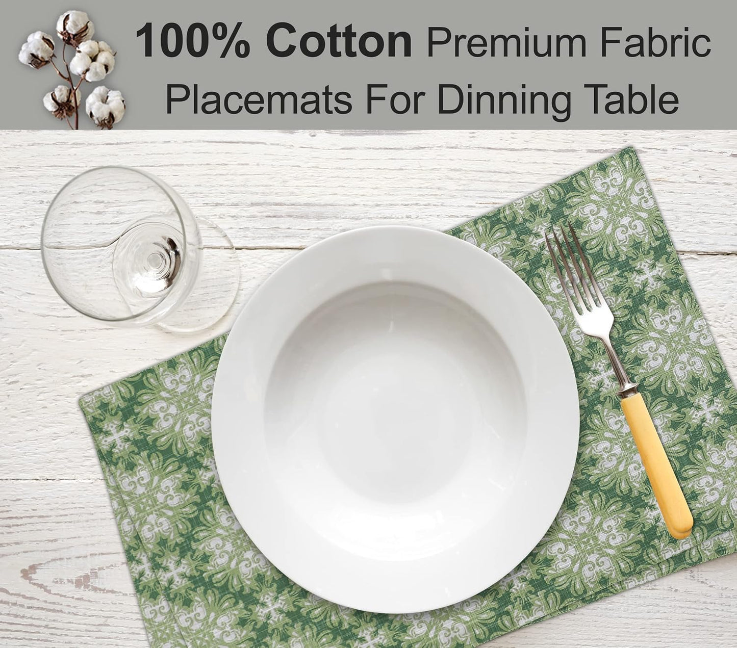 Ruvanti Placemats Set of 6, 100% Cotton Place Mats of 13"x19" – Grass Green | Heat, Stain resistant, Washable