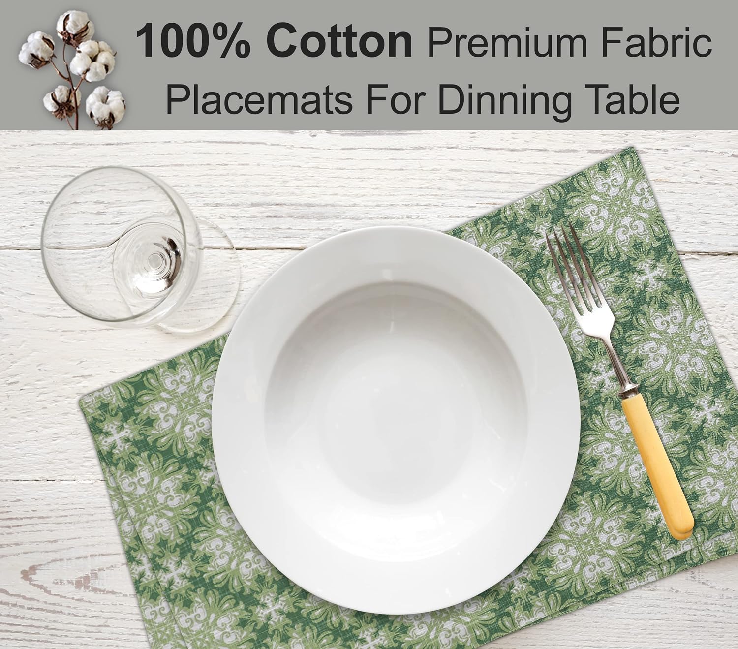 Ruvanti Placemats Set of 6, 100% Cotton Place Mats of 13"x19" – Grass Green | Heat, Stain resistant, Washable