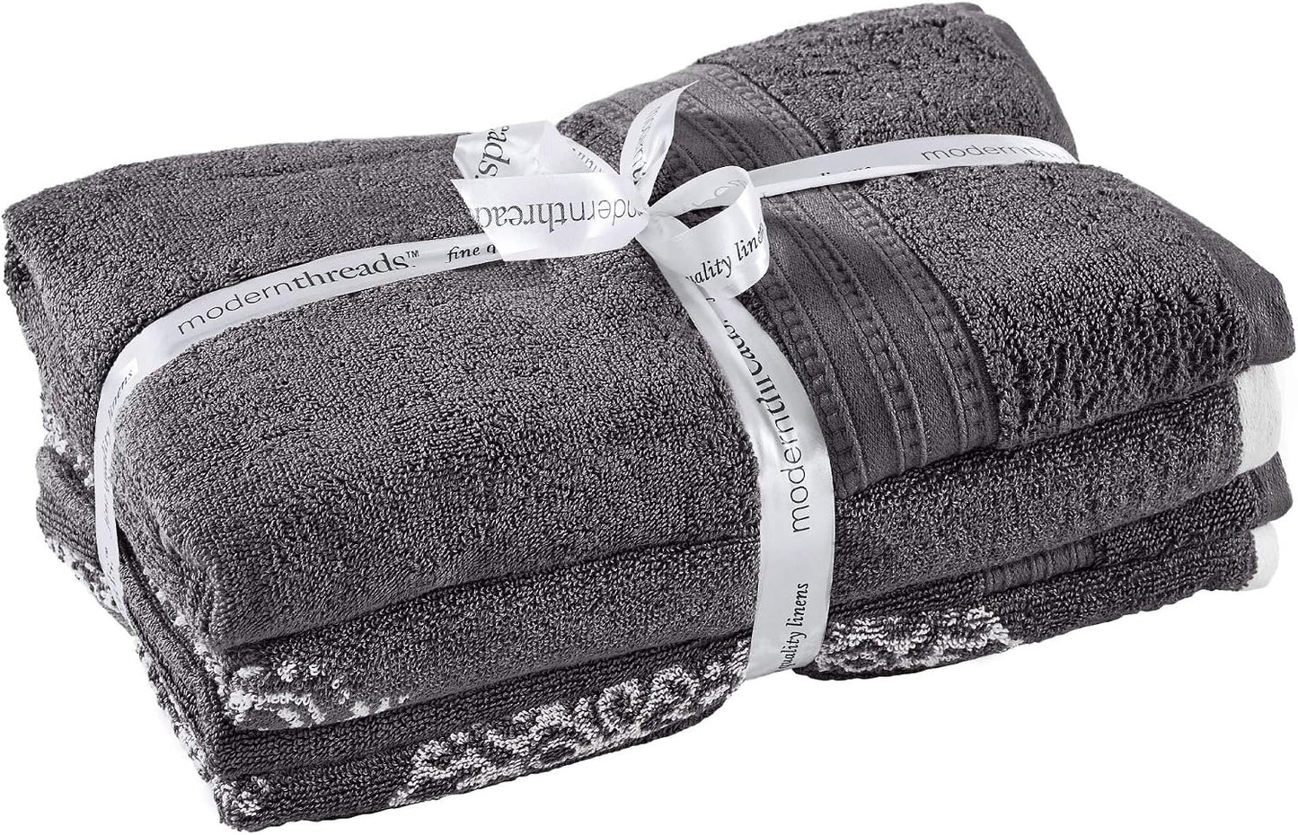 Modern Threads 6-Piece 100% Cotton Damask Medallion Towel Set, Charcoal | Highly Absorbent, Soft & Plush, Quick-Drying