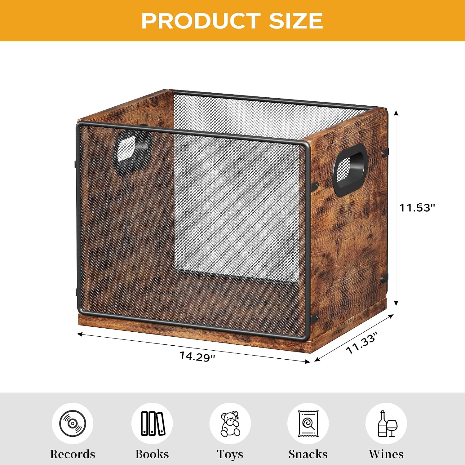 Homeiju Wooden & Metal Record Crate - Vinyl Album Holder & Organizer, Holds Up to 60 Records
