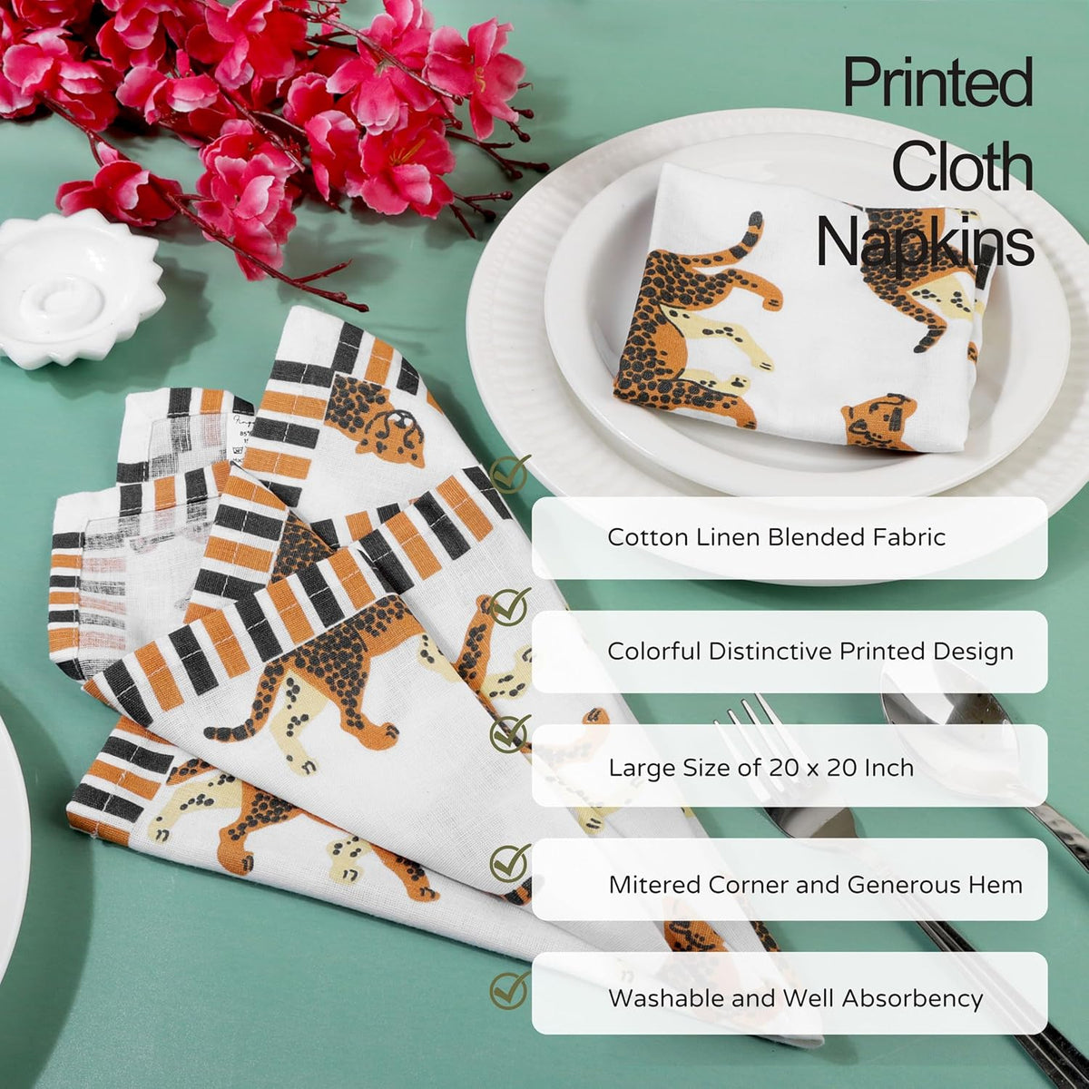 FINGERCRAFT Cloth Napkins Set of 12 Cotton Linen, 20x20 Inc, Leopard Print | Mitered corner, washable, soft, absorbent
