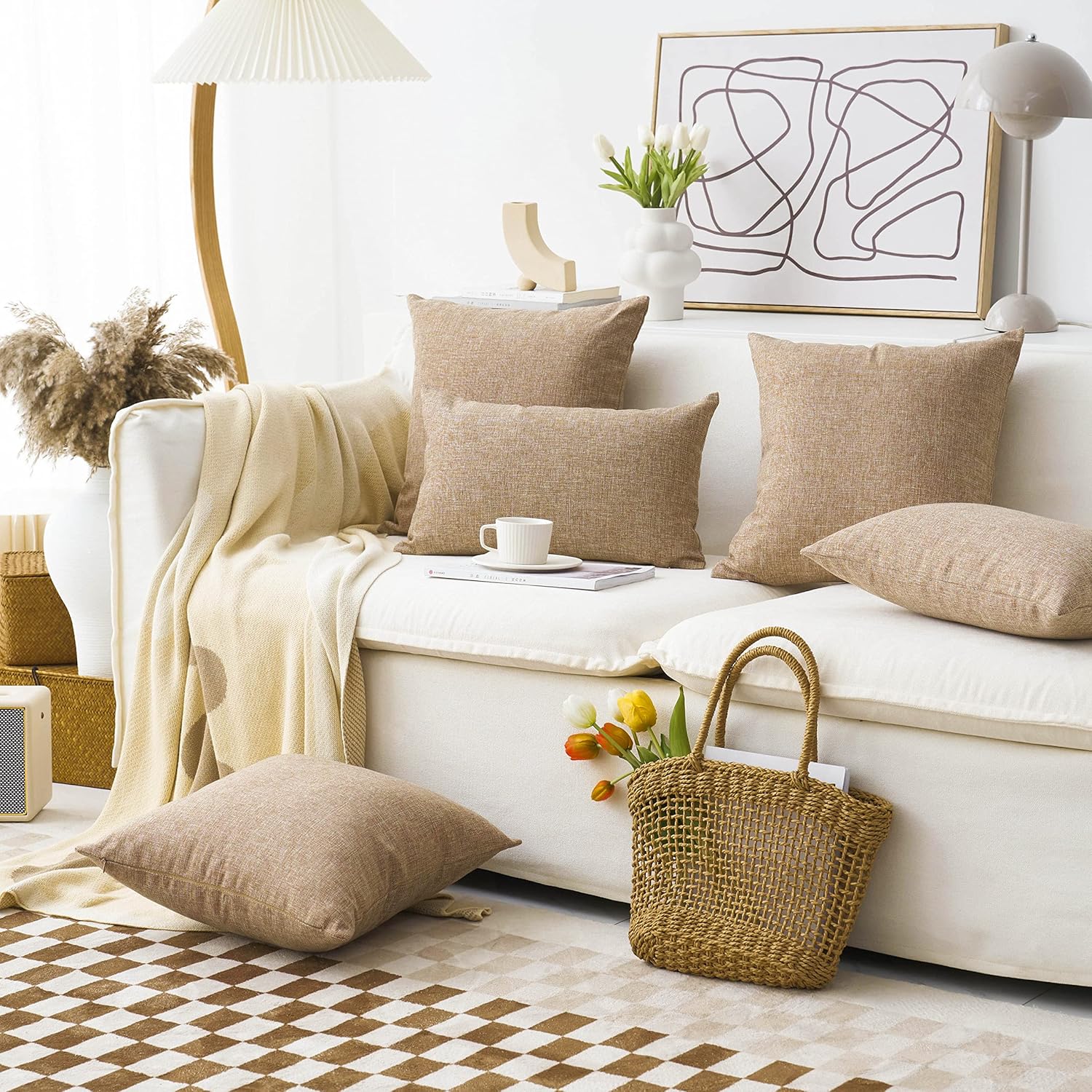 Linen Throw Pillow Covers Burlap Decorative Pillow Covers / 18 x 18 / Natural Linen / Set of 2