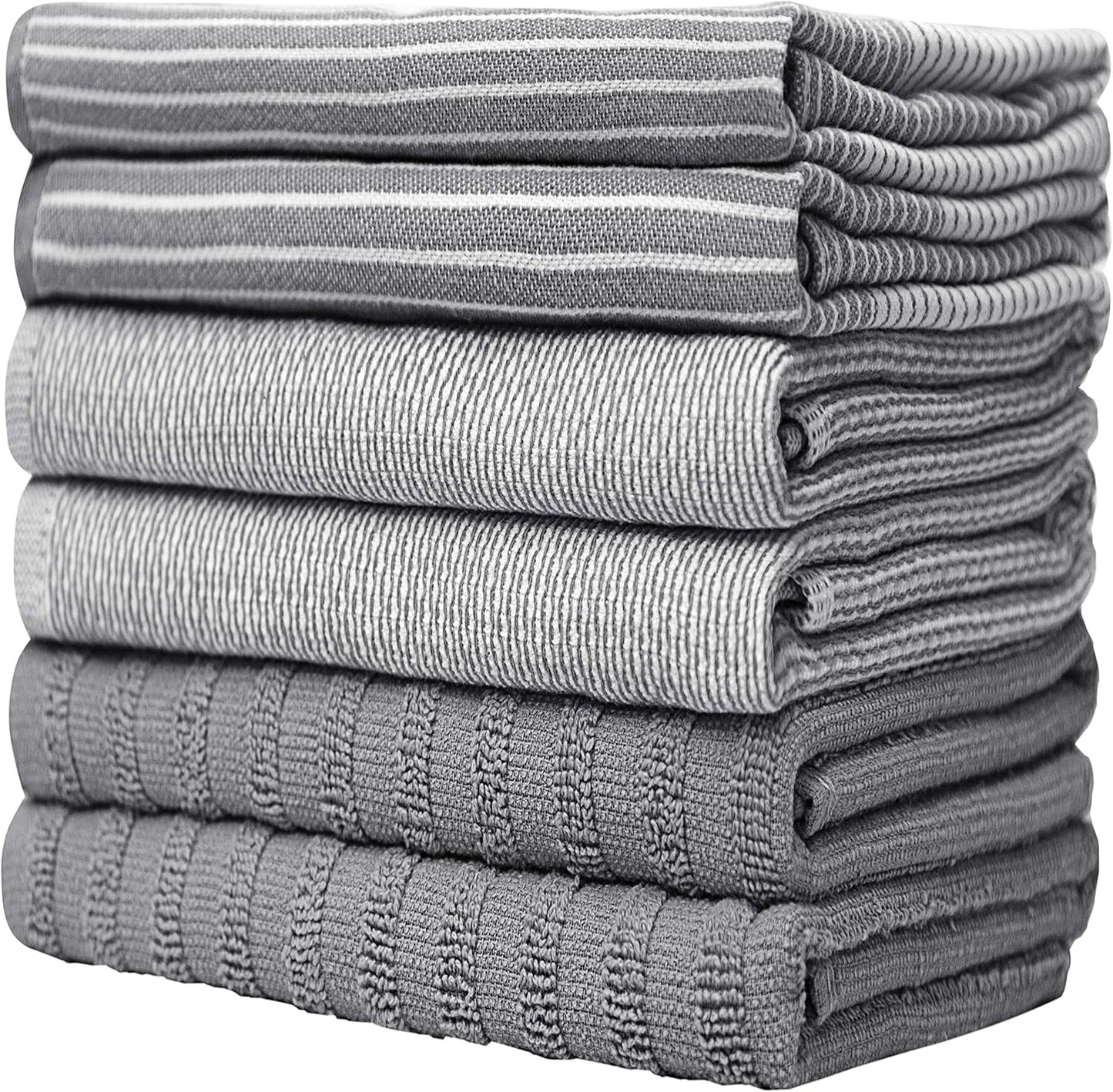 Premium Kitchen Towels 6 Pack 100% Cotton, 20"x28" Dish Towels - Grey | Large Flat & Terry Kitchen Linen Set with